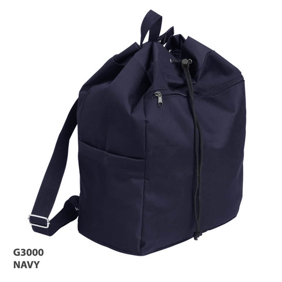 A navy drawstring kitbag with a zippered top, side pocket, and adjustable strap. It features a logo.