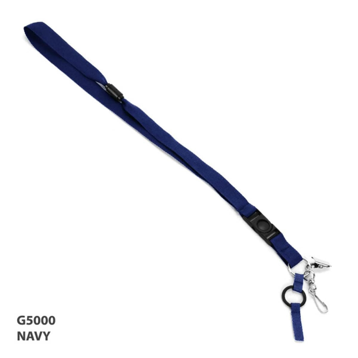A navy detachable lanyard with a clip and an adjustable slider, featuring a branding logo.