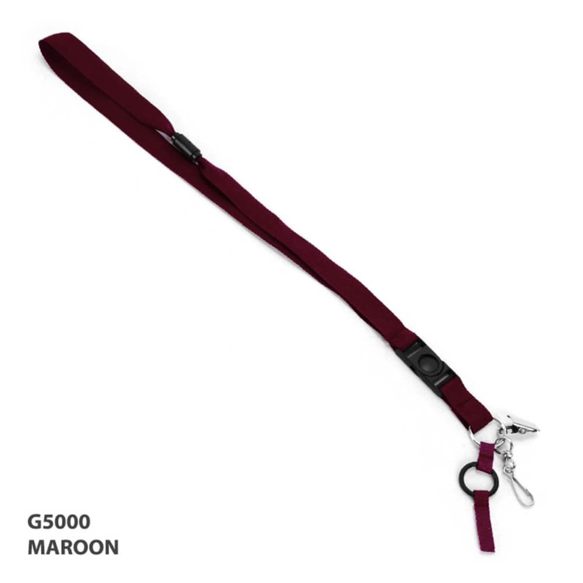 A maroon detachable lanyard featuring a clip and a circular ring attachment, with a logo present.