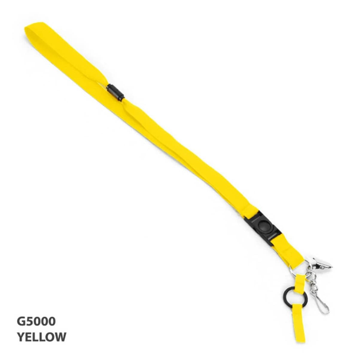 A yellow detachable lanyard with a clip and a black attachment point, featuring a logo.