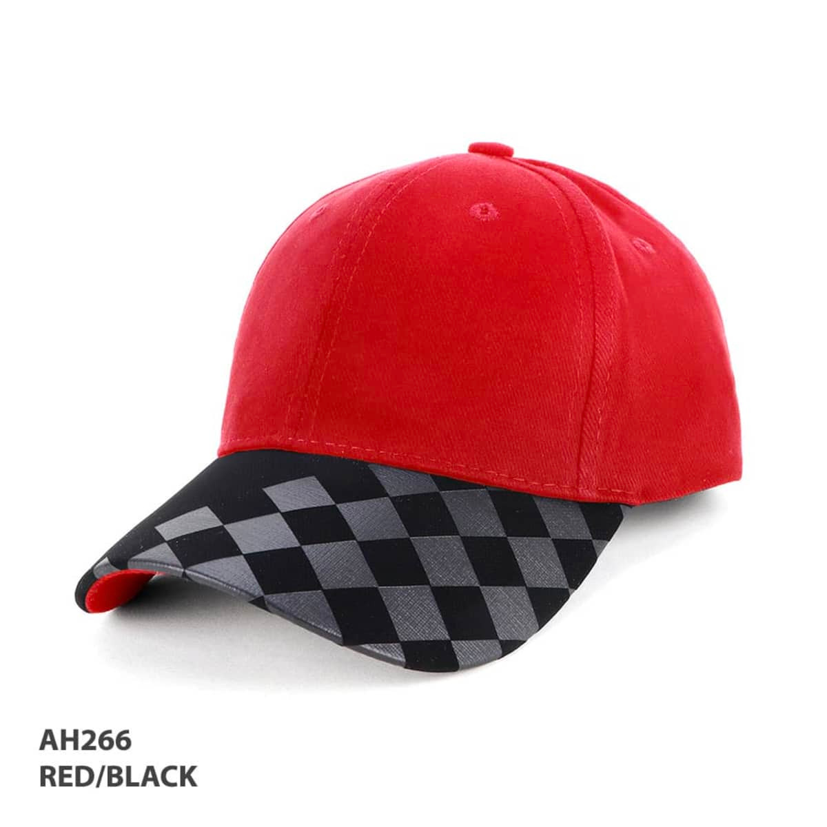 A red and black cap featuring a checkered pattern on the peak and a logo.