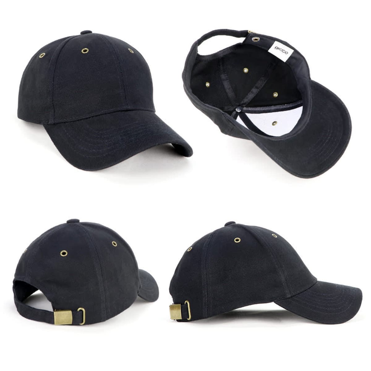 A black cap with a brass buckle and ventilation holes, featuring a logo on the inner side.