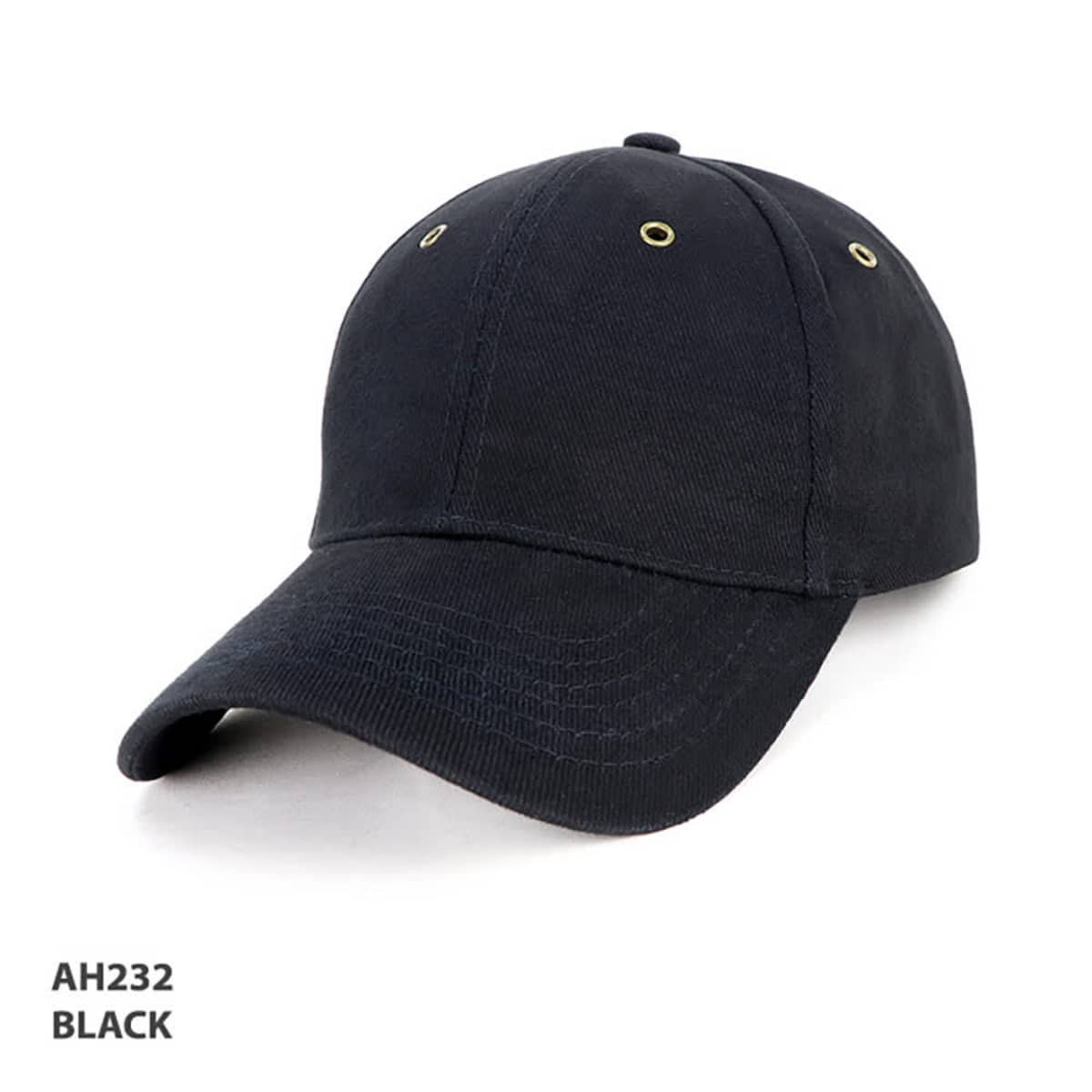 A black cap featuring a brass buckle and eyelets, with a curved visor and a logo present.