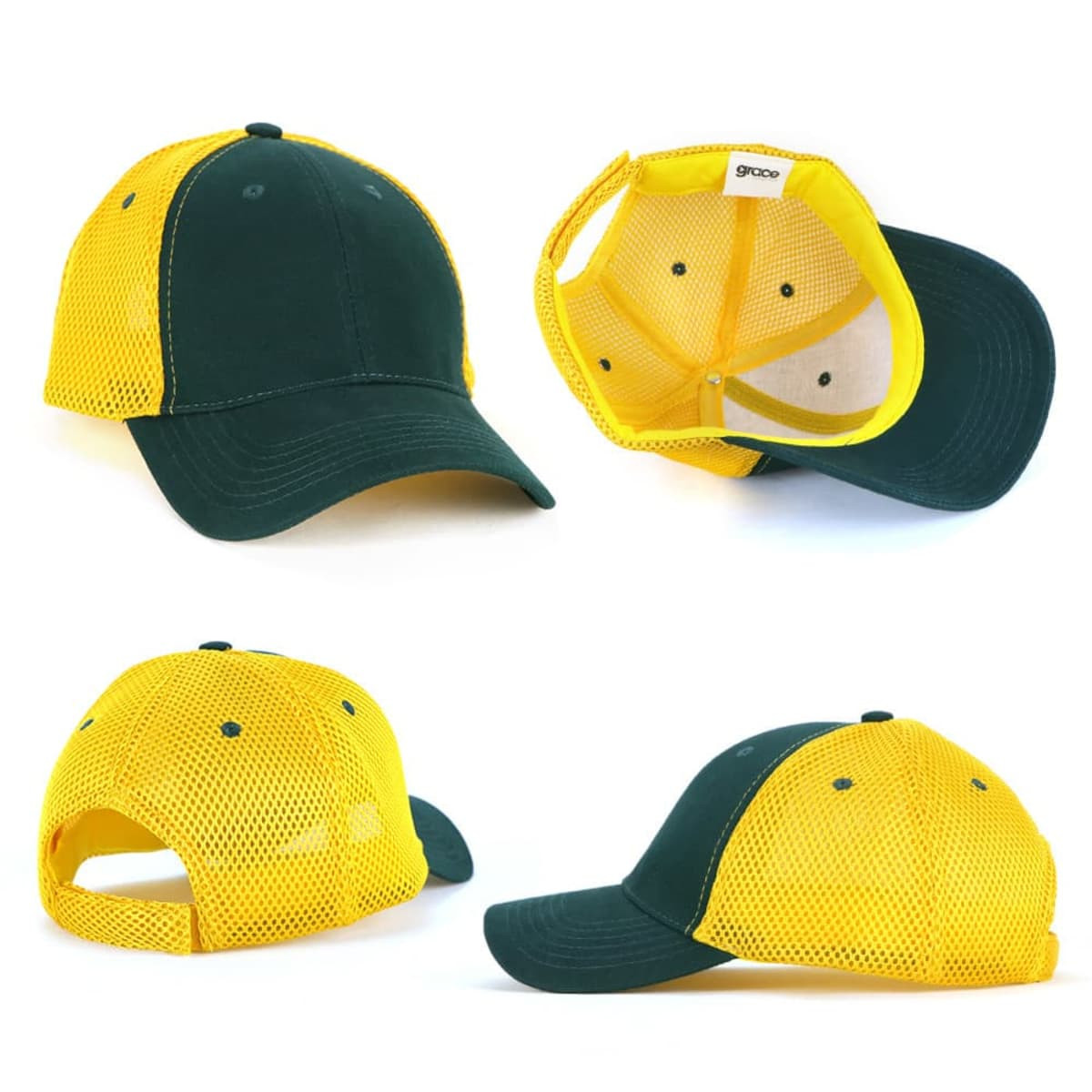 A green and yellow mesh cap featuring a structured brim, mesh panels, and an adjustable strap at the back.