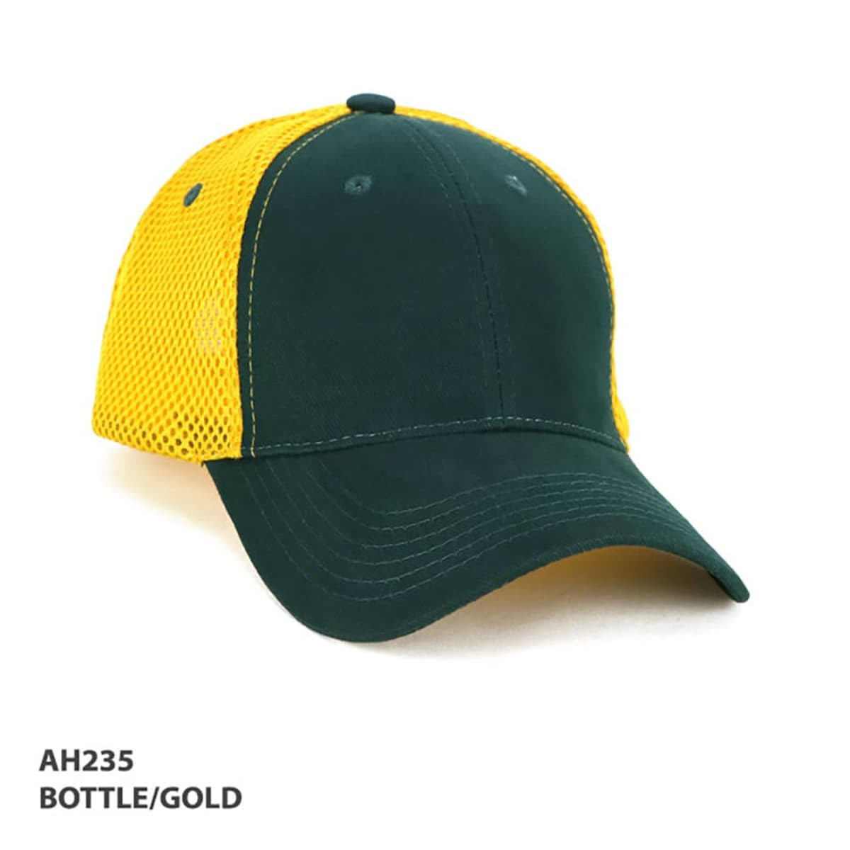 A cap featuring a green front and yellow mesh back, with a curved visor and a logo.