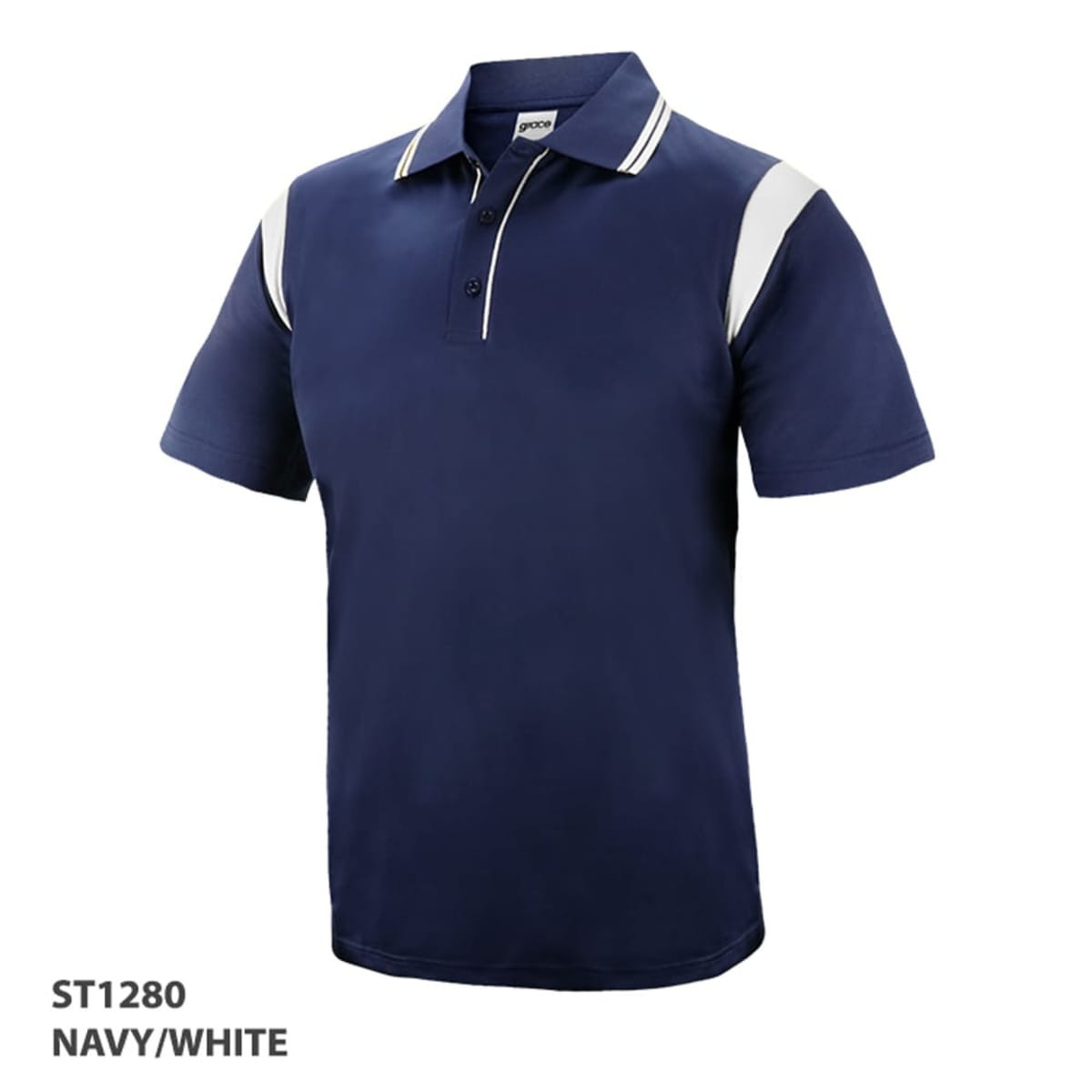 A navy and white polo shirt featuring a collar and branding.