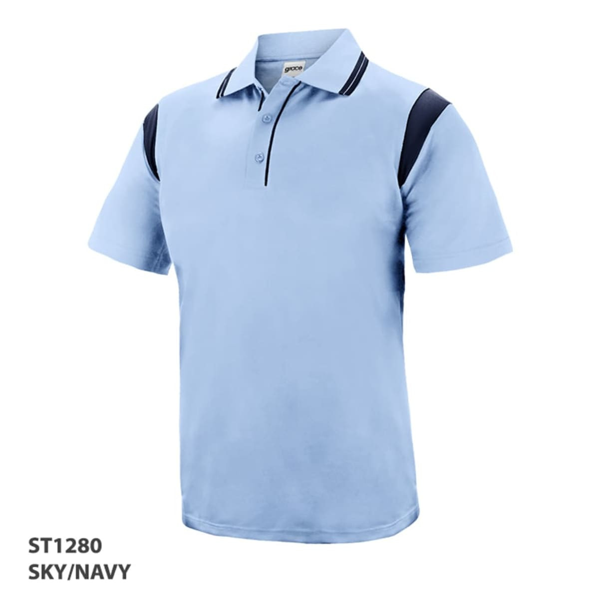 A light blue polo shirt with navy accents and a collar, featuring a logo on the front.