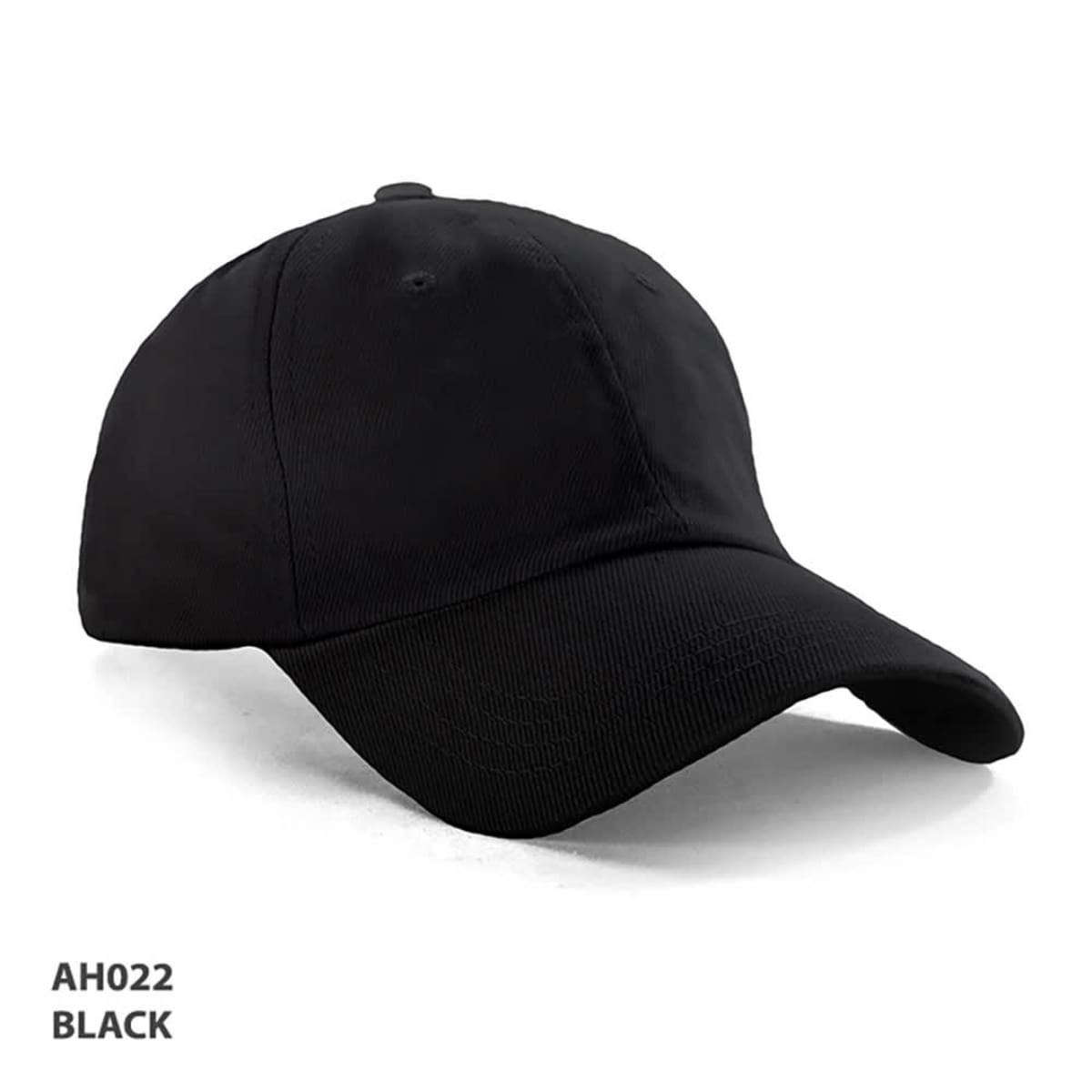 A black unstructured cap with a curved brim, featuring a logo on the front and a plain design.