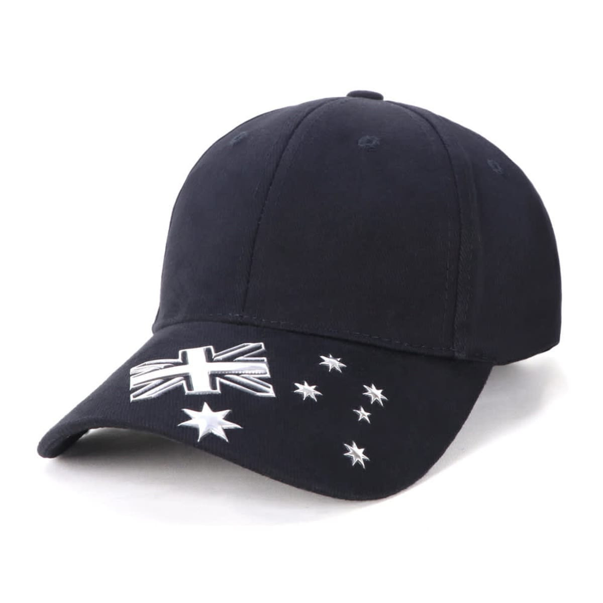 A black cap featuring an Australian flag and stars, with a logo on the front.