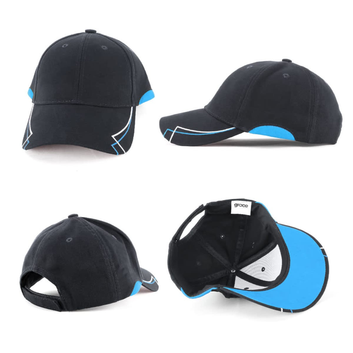 A black cap with blue accents, featuring a structured design and a logo on the front.