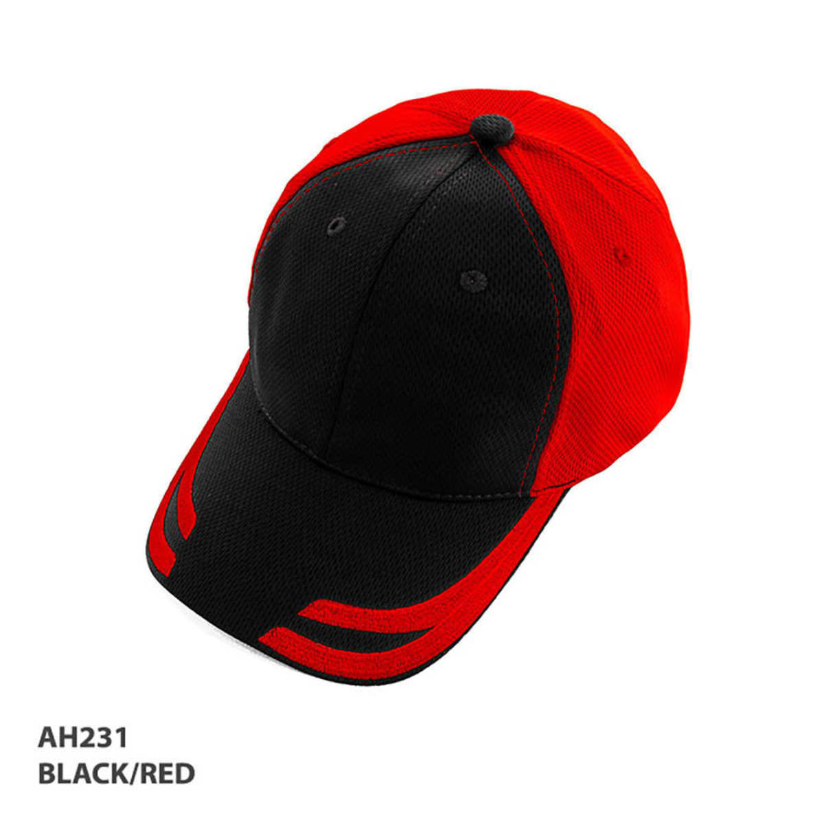 A black and red mesh knit cap featuring a logo and a structured brim.