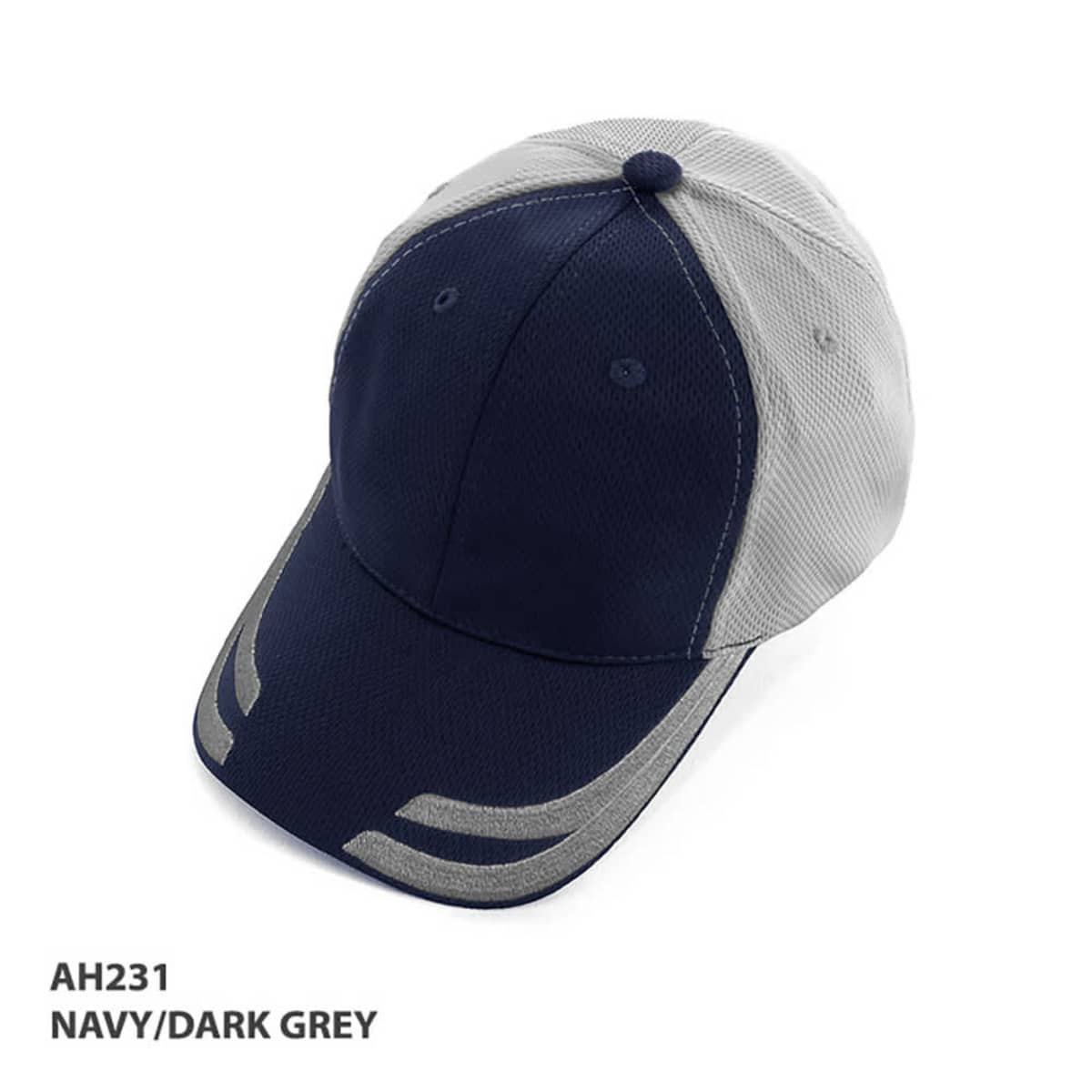A navy and dark grey cap with a mesh design and a logo on the front.