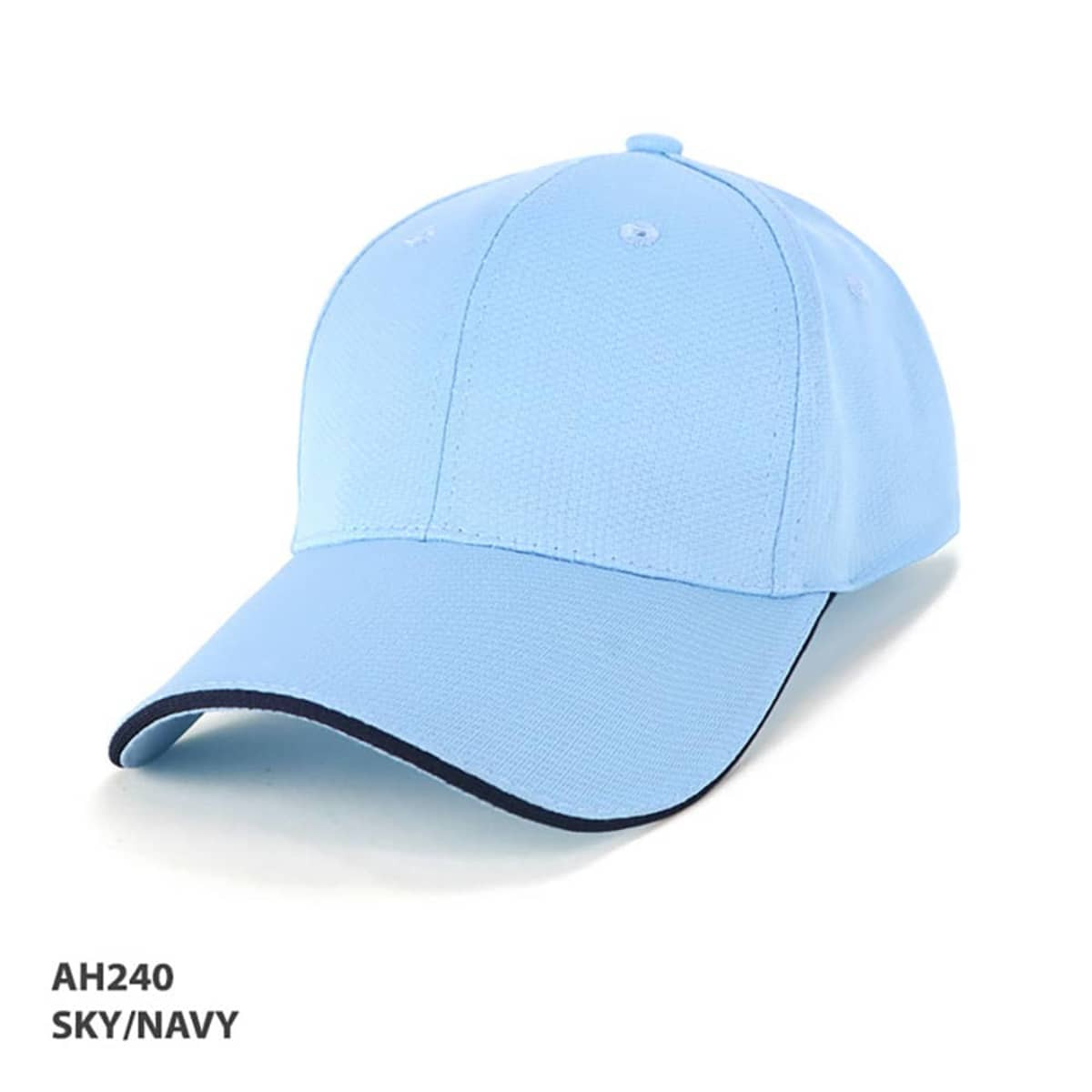 A structured cap in sky blue with navy accents, featuring a logo. Suitable for promotional use.