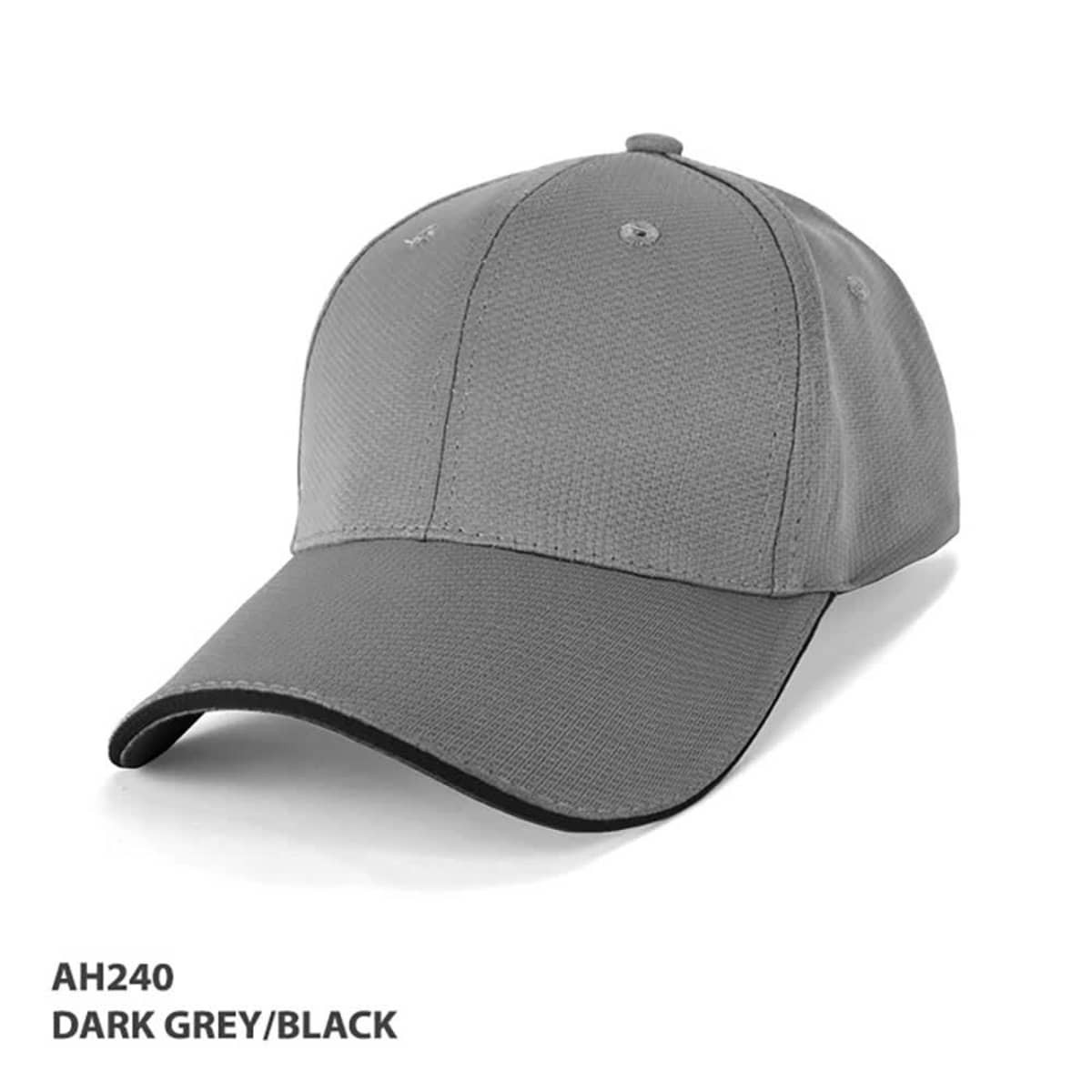 A structured cap in dark grey and black, featuring a logo on the front panel.