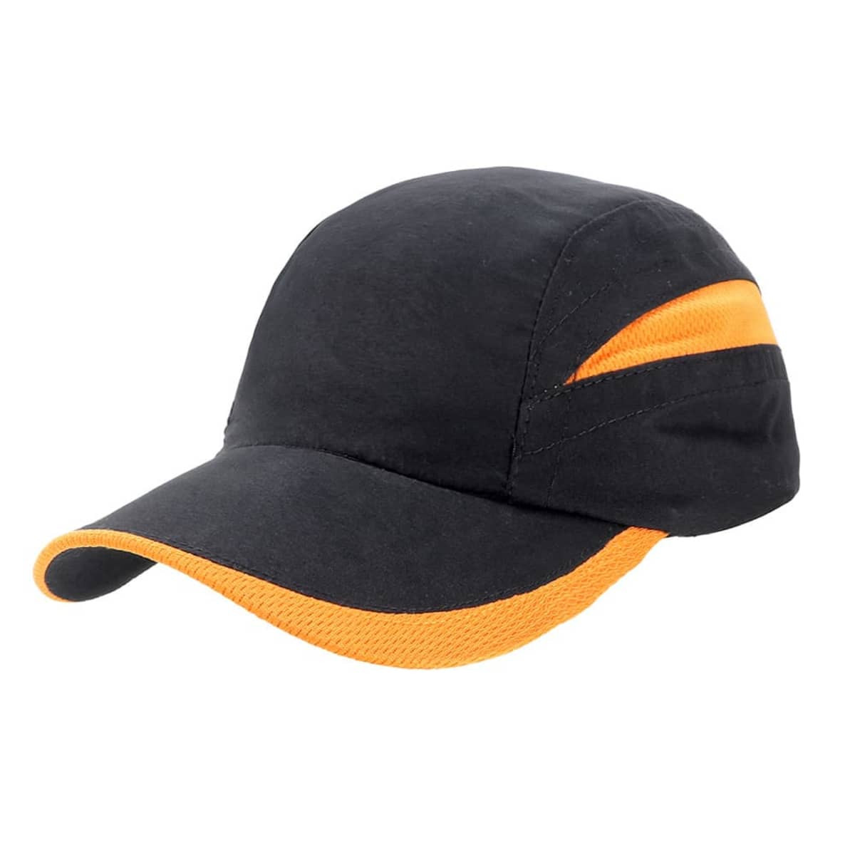 A black and orange Summit Microfibre 7Panel Cap with a logo on the side.