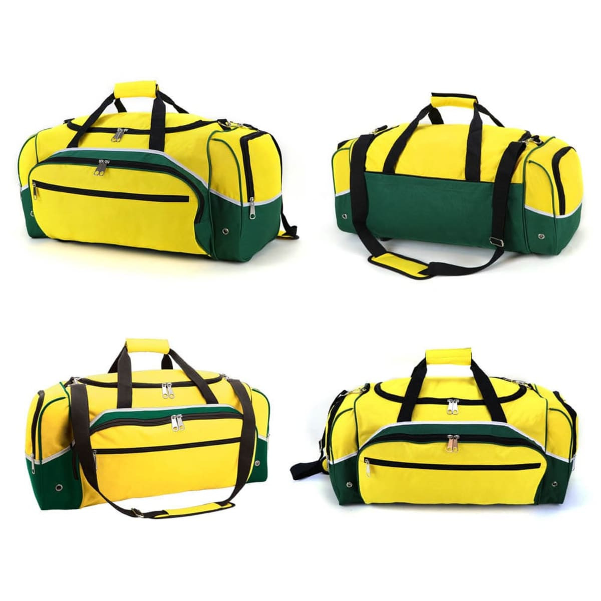 A yellow and green duffle bag with multiple compartments and sturdy handles, featuring a logo.