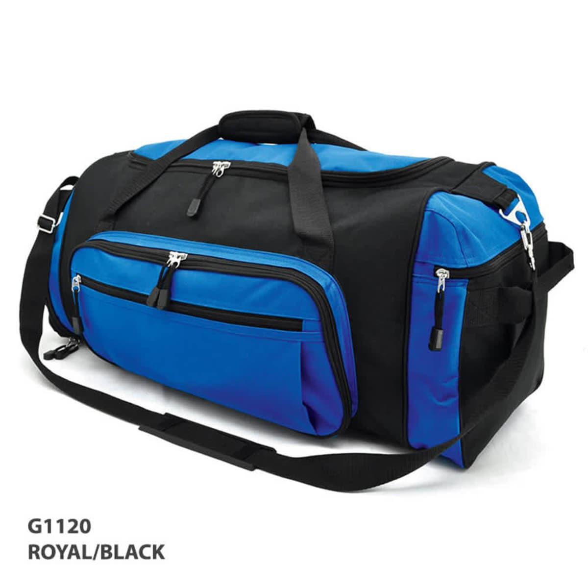 A duffle bag in royal blue and black with multiple zippered compartments and a shoulder strap.