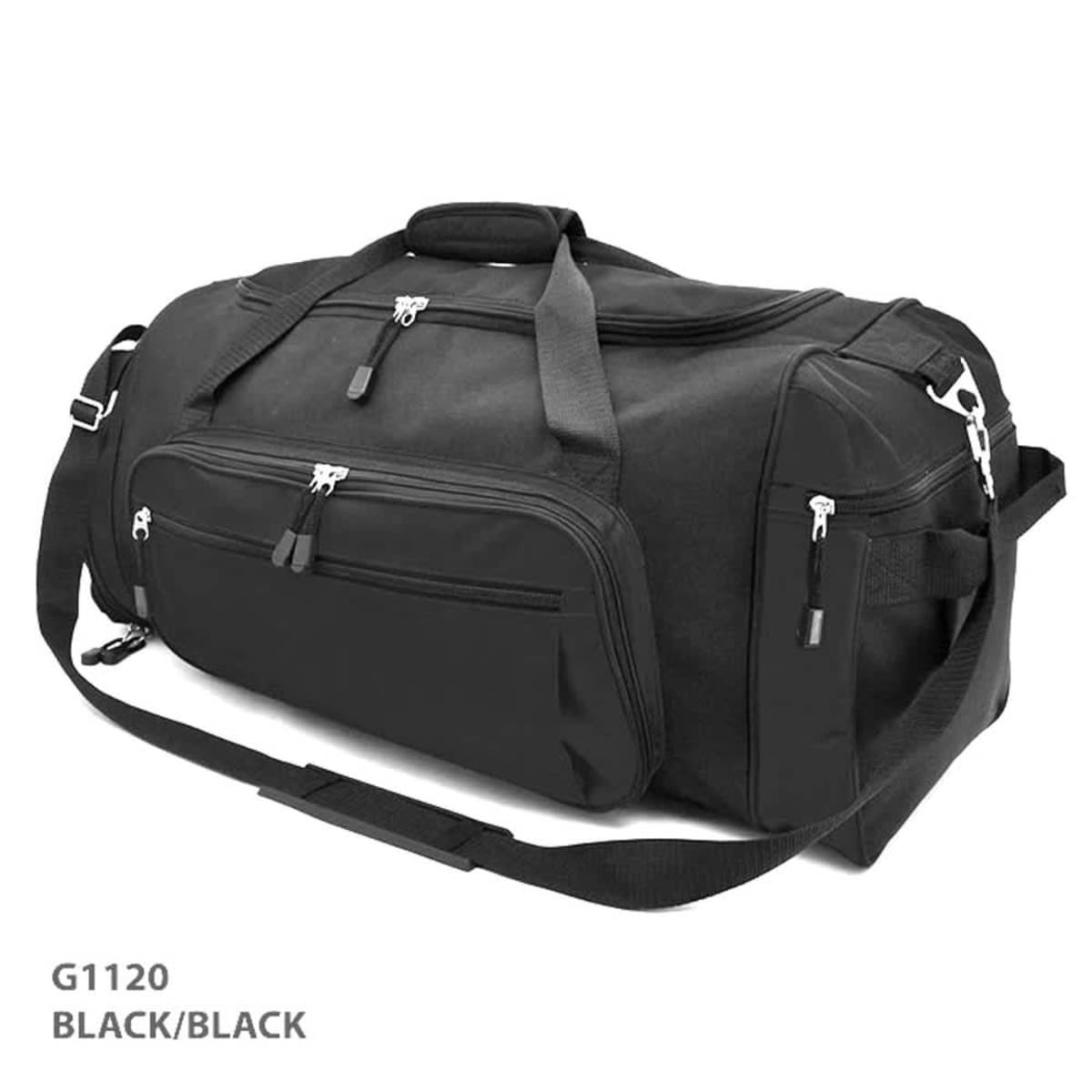 A black duffle bag with multiple pockets, zippers, and a detachable shoulder strap. It features a logo on the side.