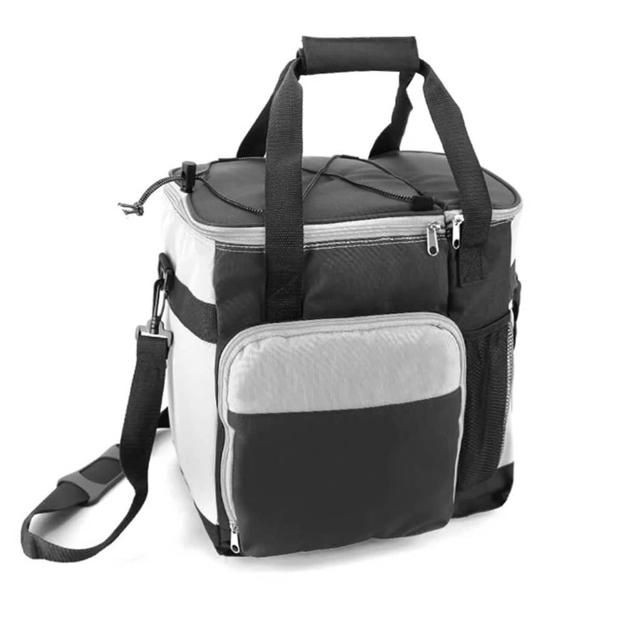 A cooler bag in grey and black with dual handles, a shoulder strap, and multiple zippered pockets. It has a logo.