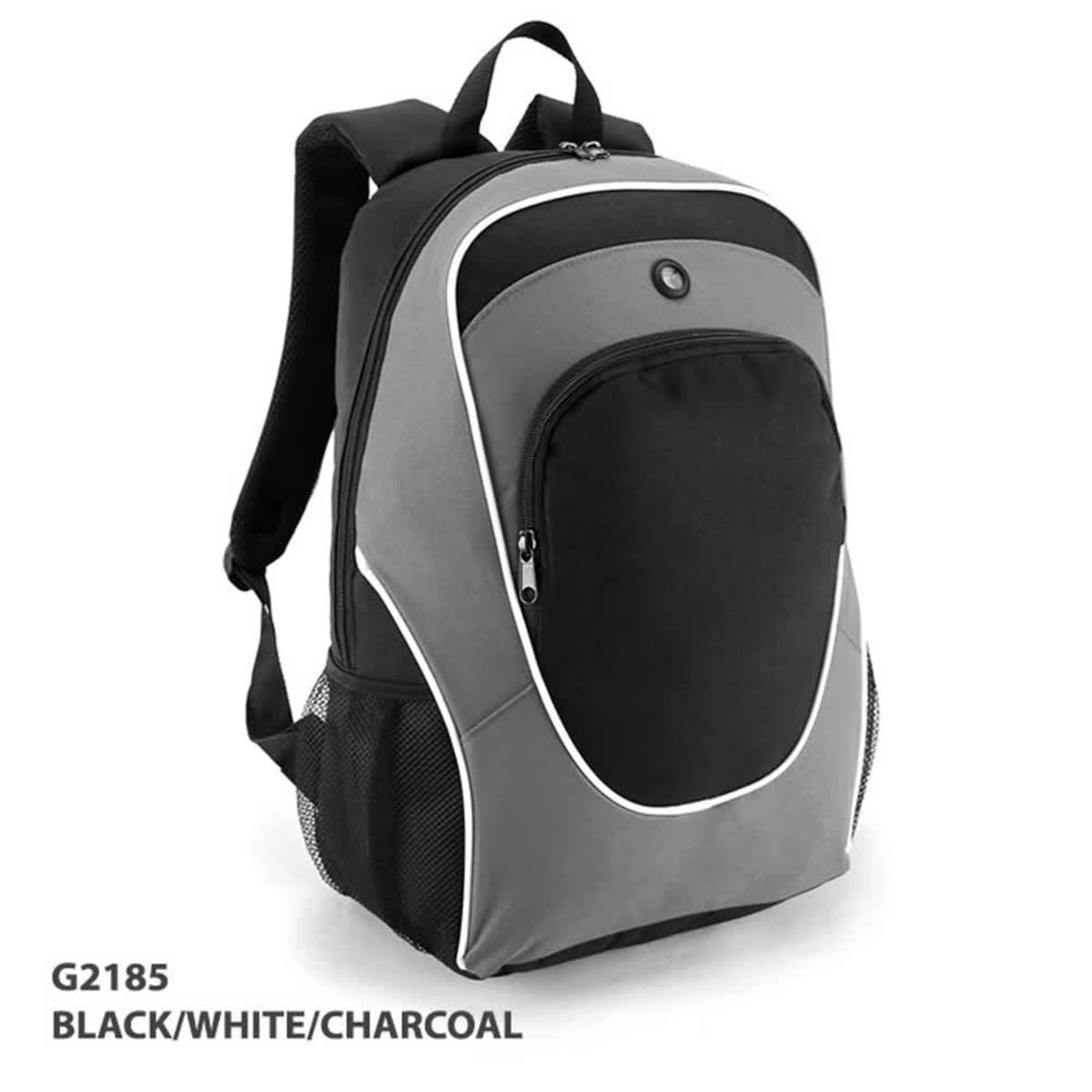 A black, white, and charcoal backpack with mesh side pockets and a front zip pocket. It has a logo on the front.