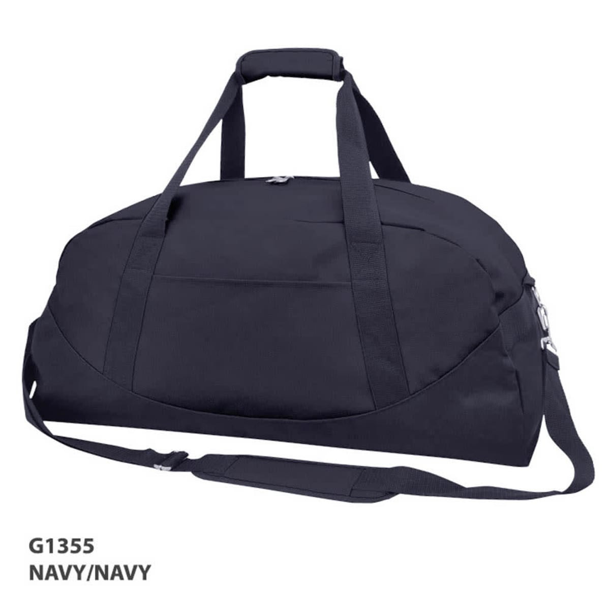 A navy duffle bag with dual handles and a shoulder strap, featuring a logo and a spacious main compartment.