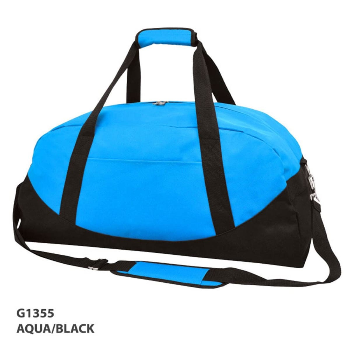 A duffle bag in aqua and black with dual handles and a shoulder strap, featuring a logo on the side.