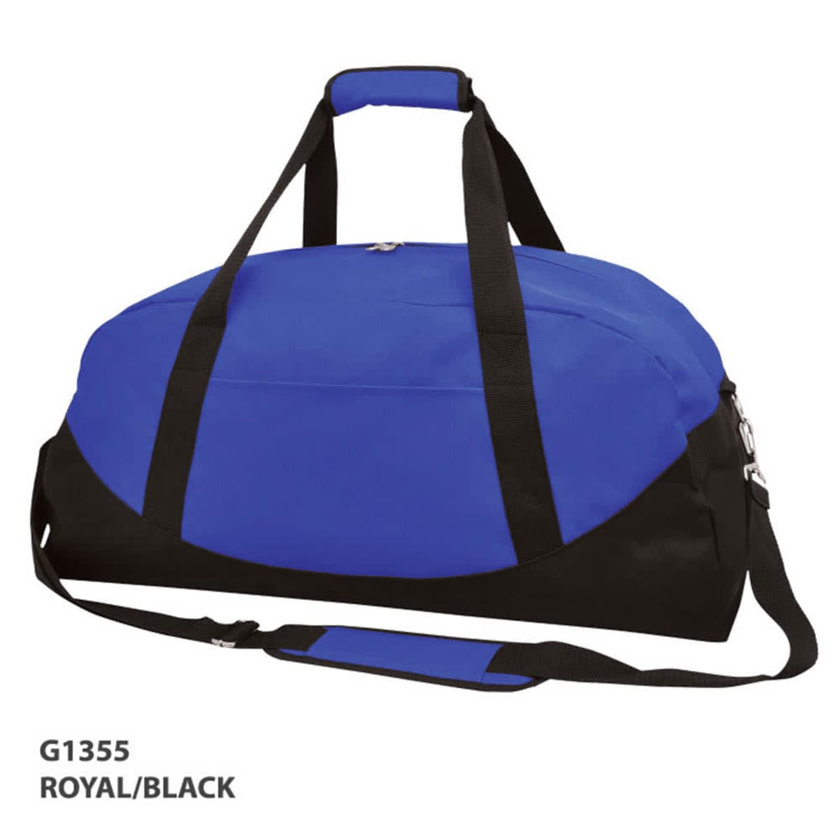A royal blue and black duffle bag with a logo, featuring dual handles and a detachable shoulder strap.