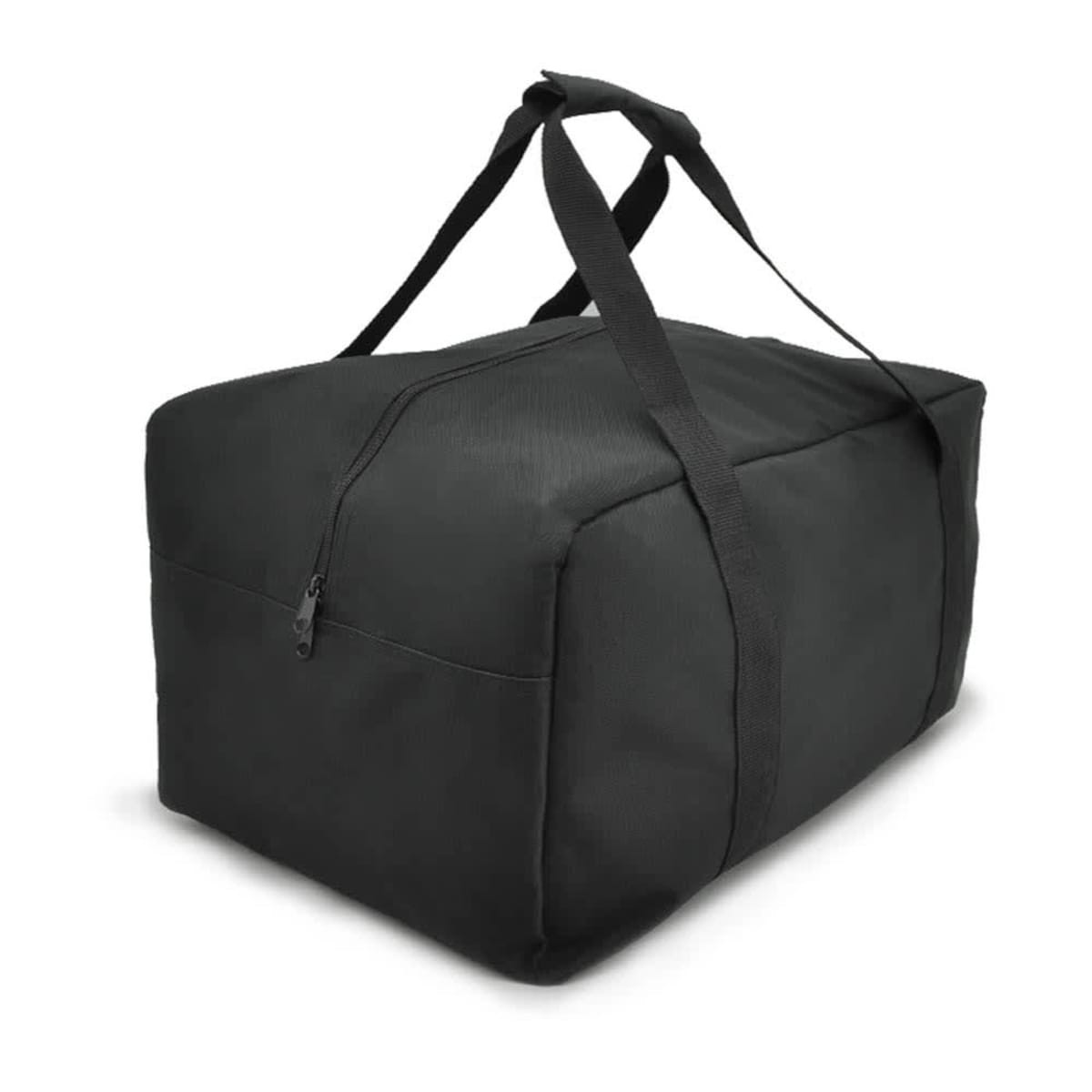 A black duffle bag with dual handles and a zippered top. It features a main compartment and has a logo.