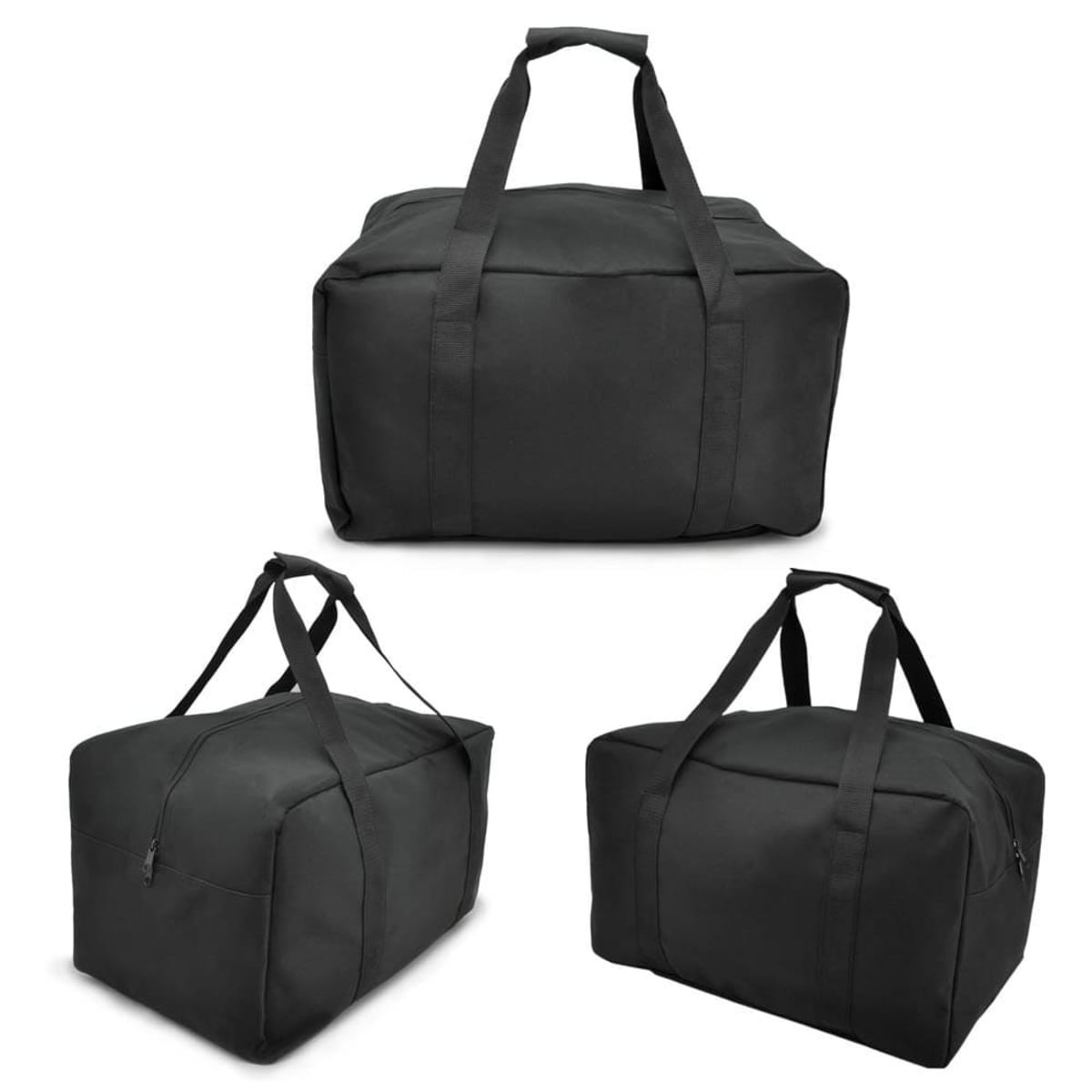 A black duffle bag with multiple angles, featuring sturdy handles and a zippered compartment. It has a logo.