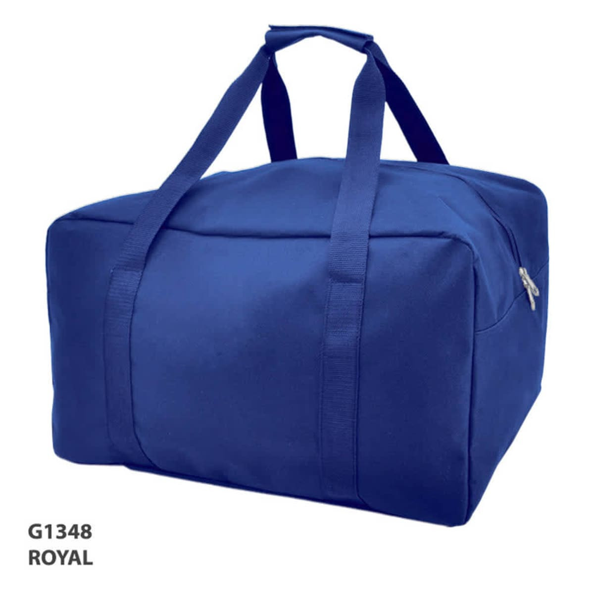A royal blue duffle bag with dual handles and a zippered closure, featuring a logo.