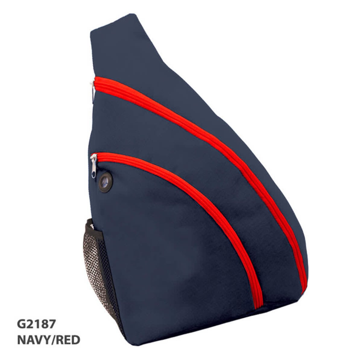 A navy and red slingpack with multiple zippered compartments and a mesh pocket on the side. It has a logo.