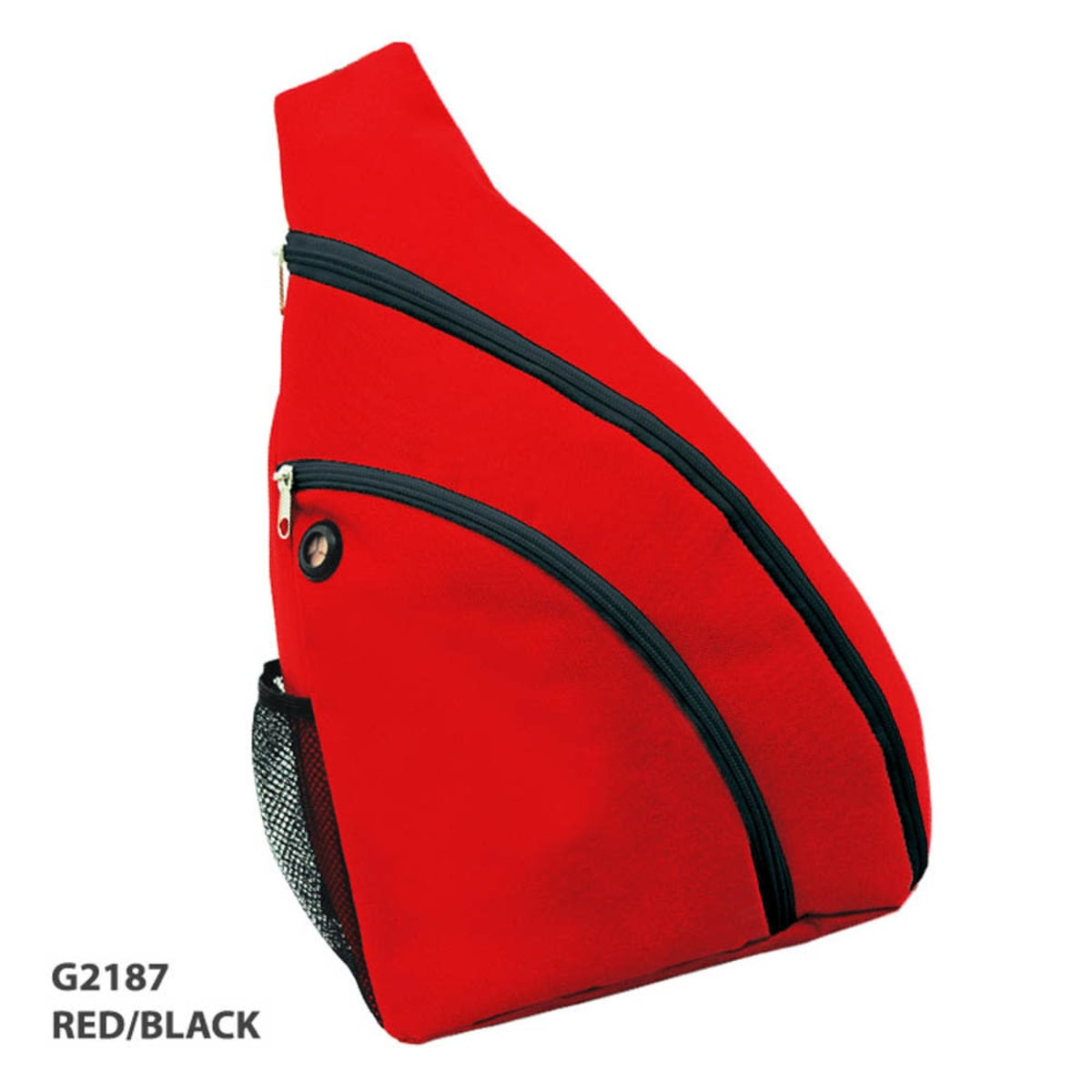 A red and black sling backpack featuring zippers and a side mesh pocket, with a logo visible on the surface.
