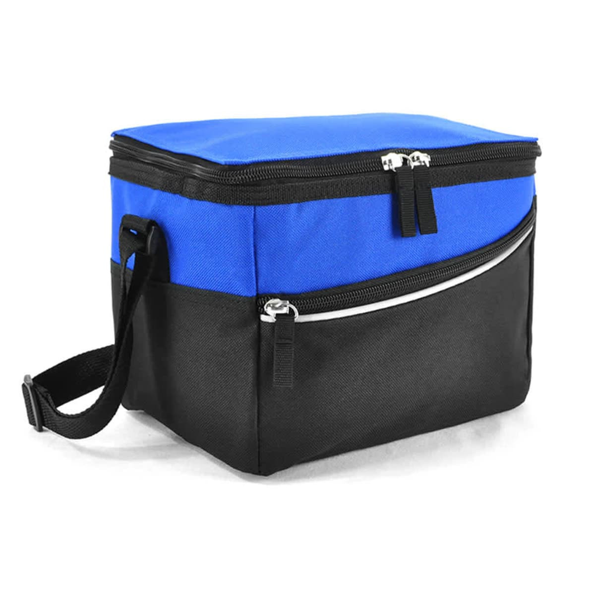 A blue and black cooler bag with a zippered main compartment and a front pocket, featuring a shoulder strap.