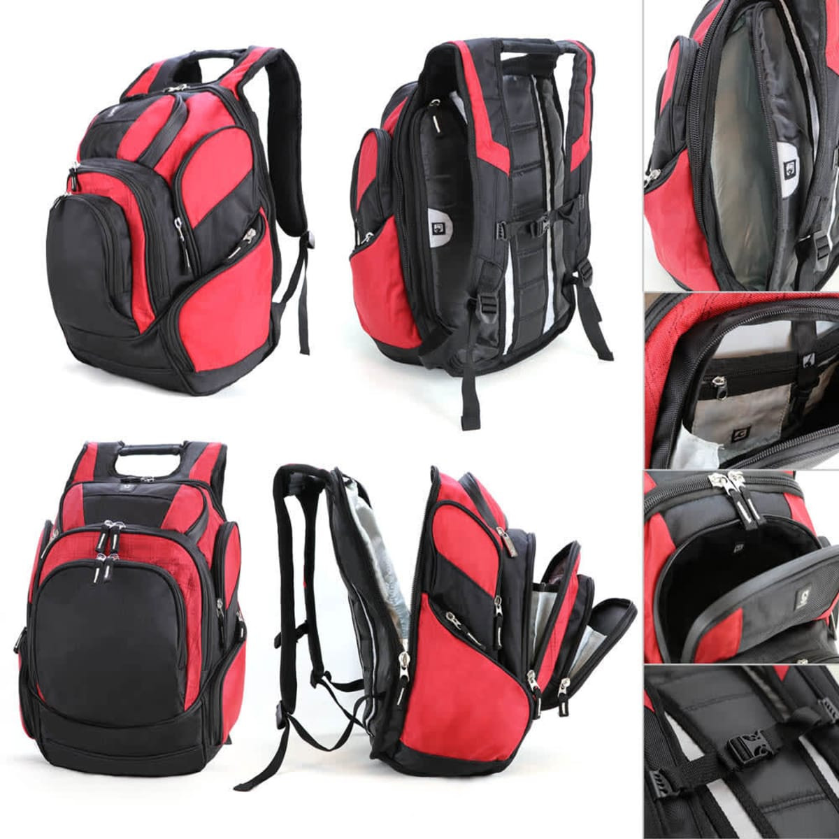 A black and red backpack with multiple compartments, padded straps, and a logo on the front.