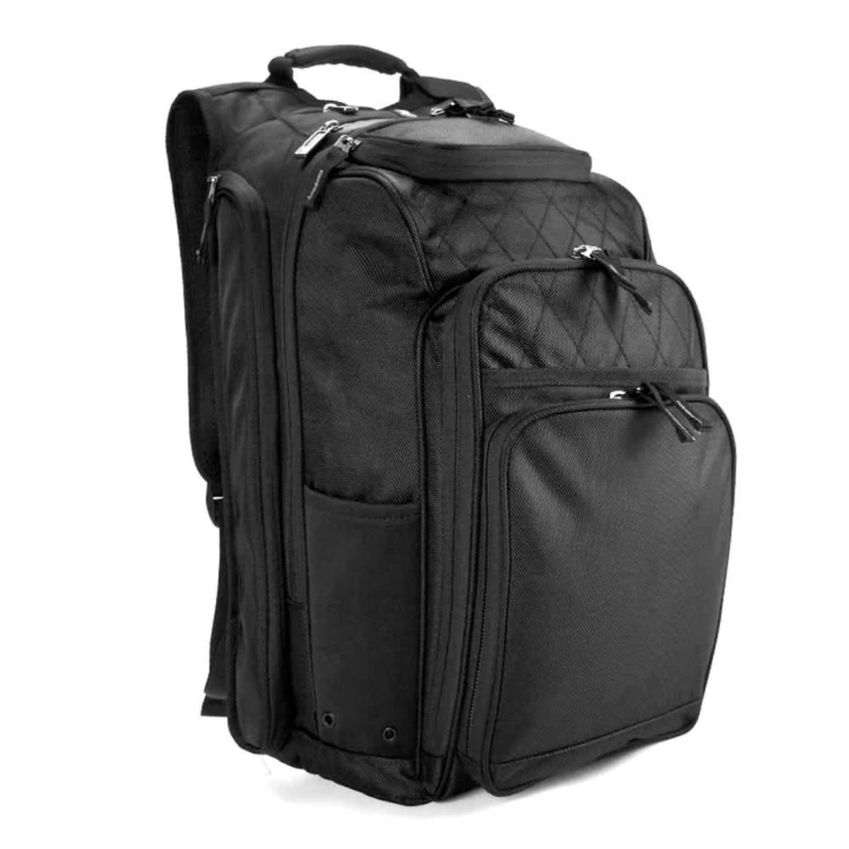 A black Boxy Backpack featuring multiple compartments and zippers, with a handle on top and a logo.