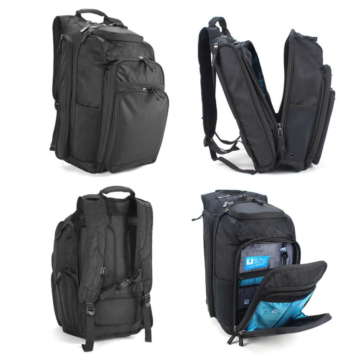 A black backpack featuring multiple compartments, adjustable straps, and a logo on the front.