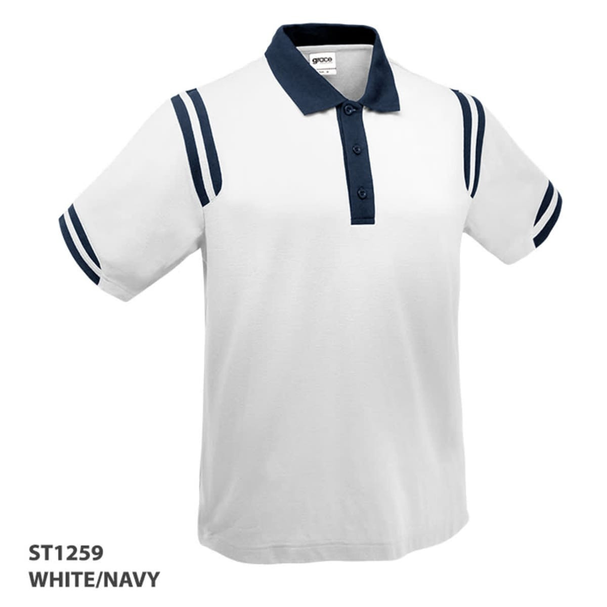A white polo shirt with navy accents and stripes, featuring a collar and buttons. It has a logo.