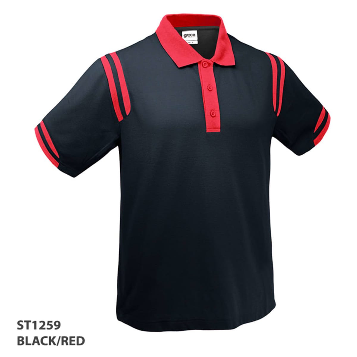 A black polo shirt with red collar and stripes, featuring a small branding logo. 