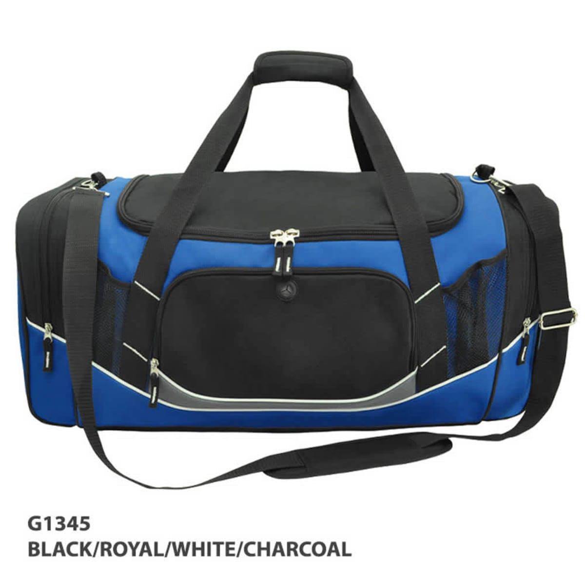 A duffle bag in black, royal blue, and white with a zippered pocket, mesh sides, and adjustable strap.