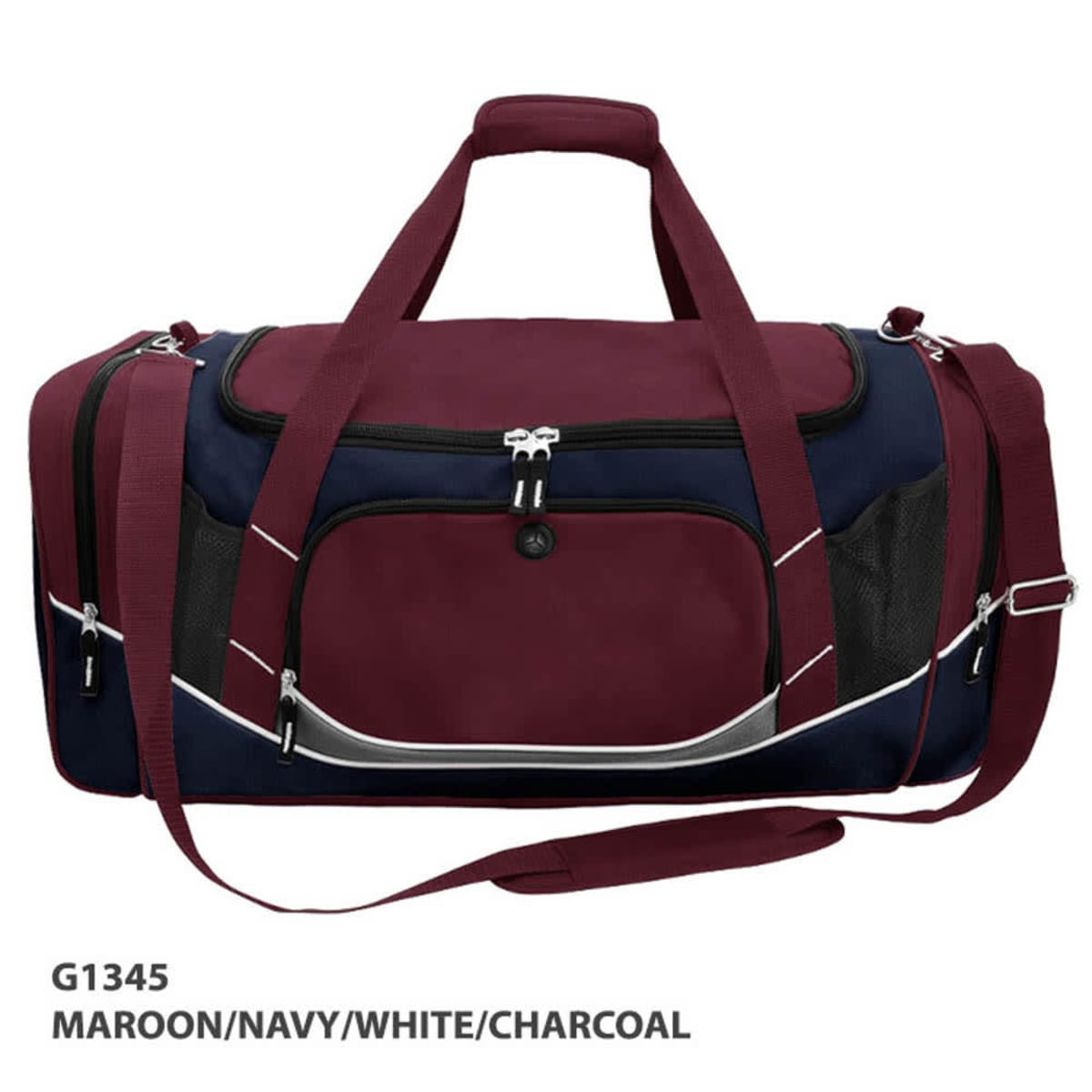 A maroon, navy, white, and charcoal duffle bag with multiple pockets and a removable shoulder strap.