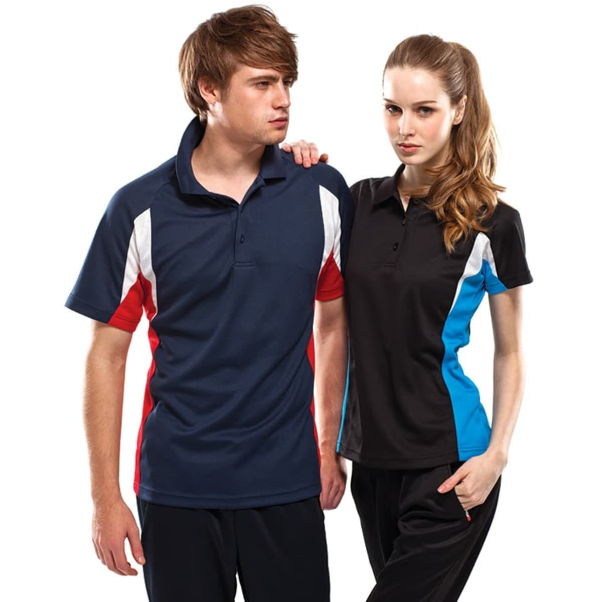 Two people wearing "Verve Polos" in navy blue and black, featuring red and blue accents. Both have a logo.
