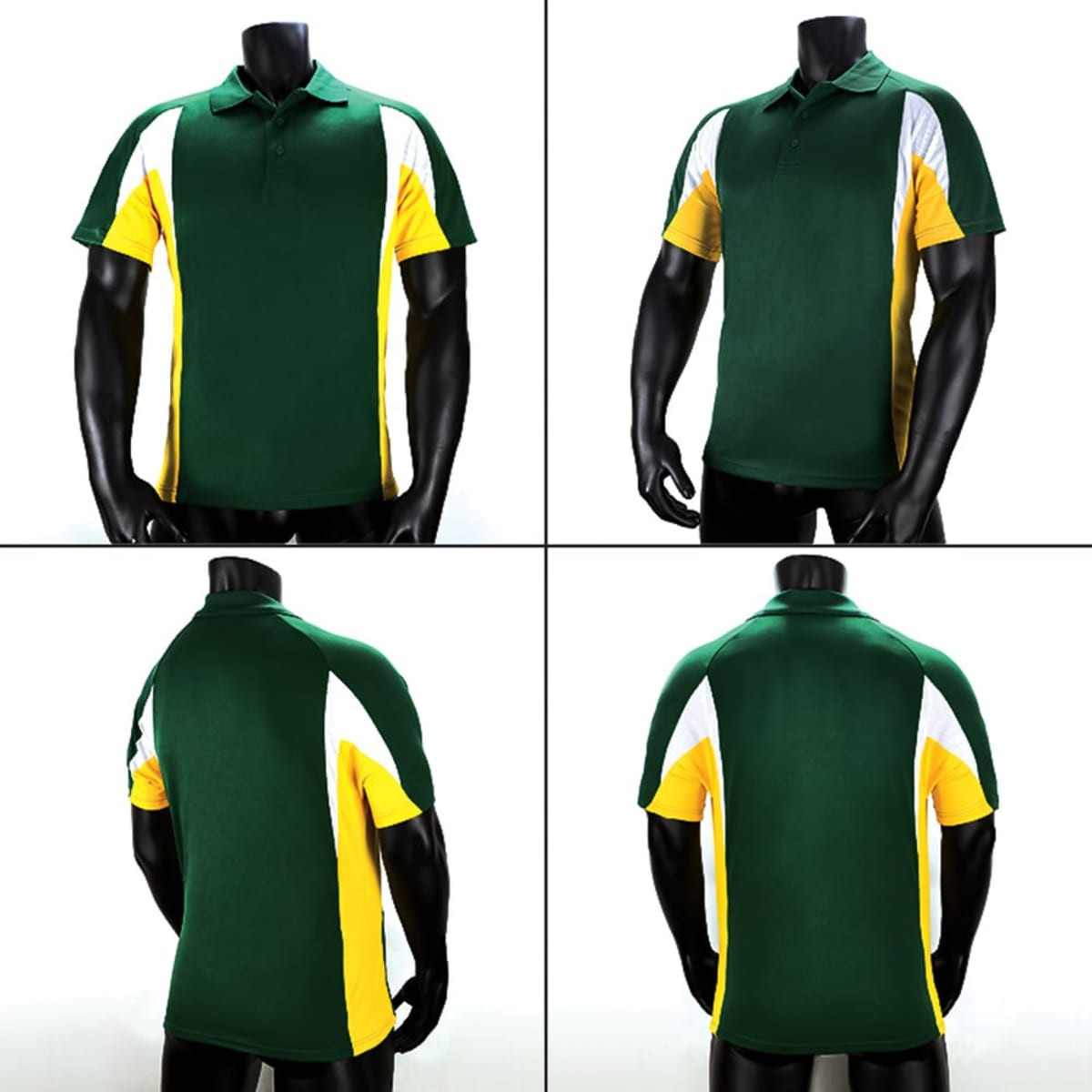A polo shirt featuring a green body with yellow and white accents, displayed from multiple angles. It has a logo on it.