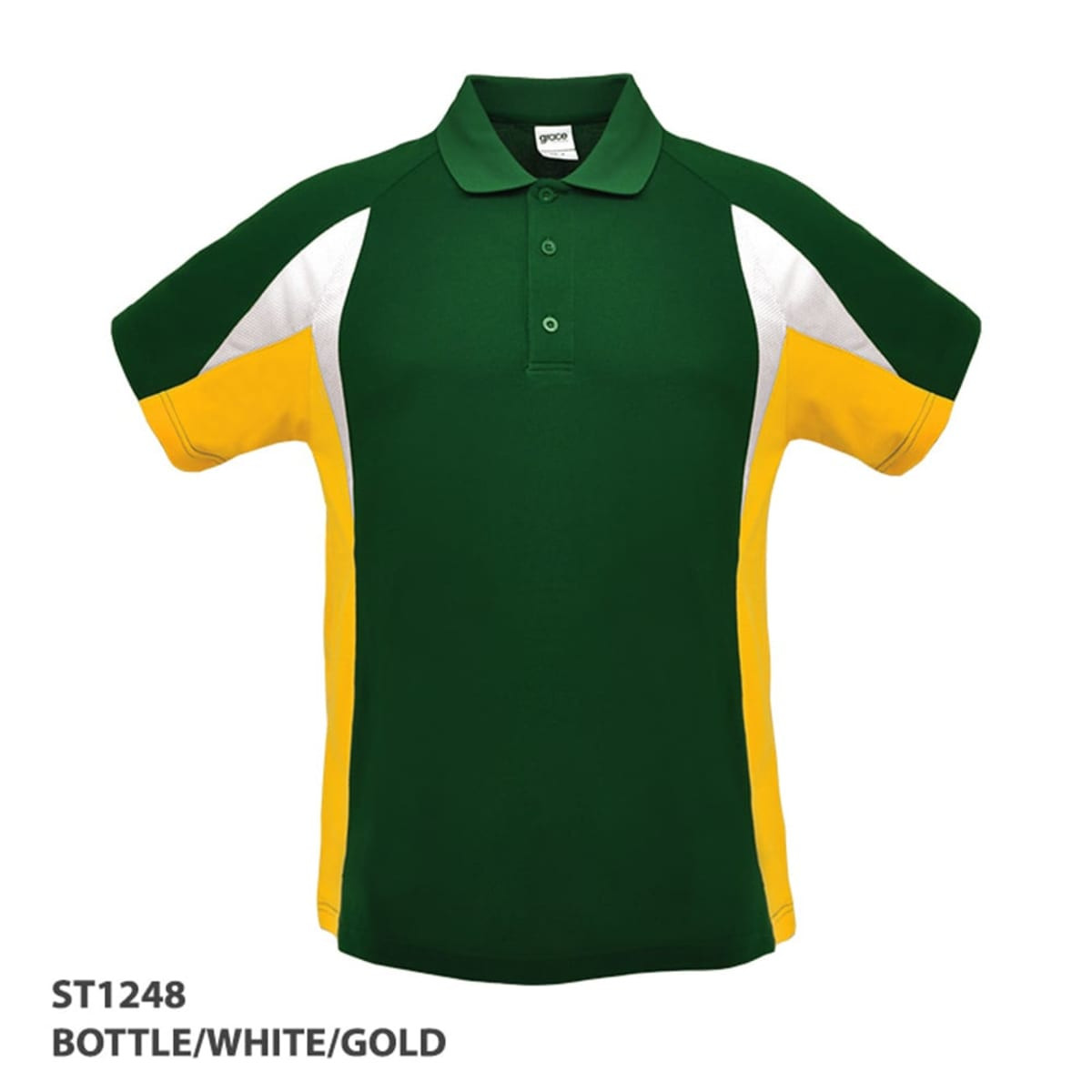 A green, white, and gold polo shirt featuring a logo on the chest. It has a classic collar and short sleeves.