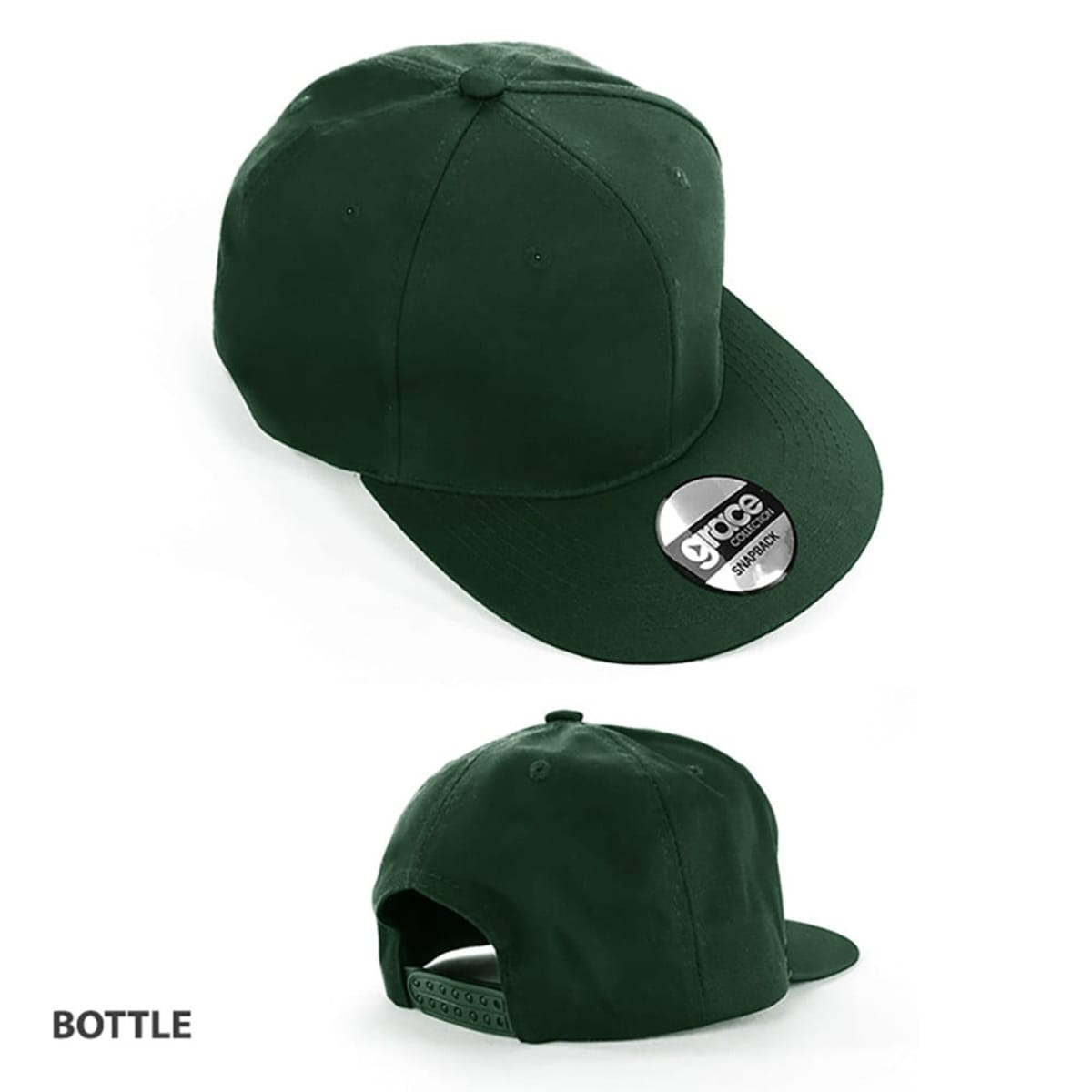 A green cap featuring a flat brim and an adjustable strap at the back, with a logo on the front.