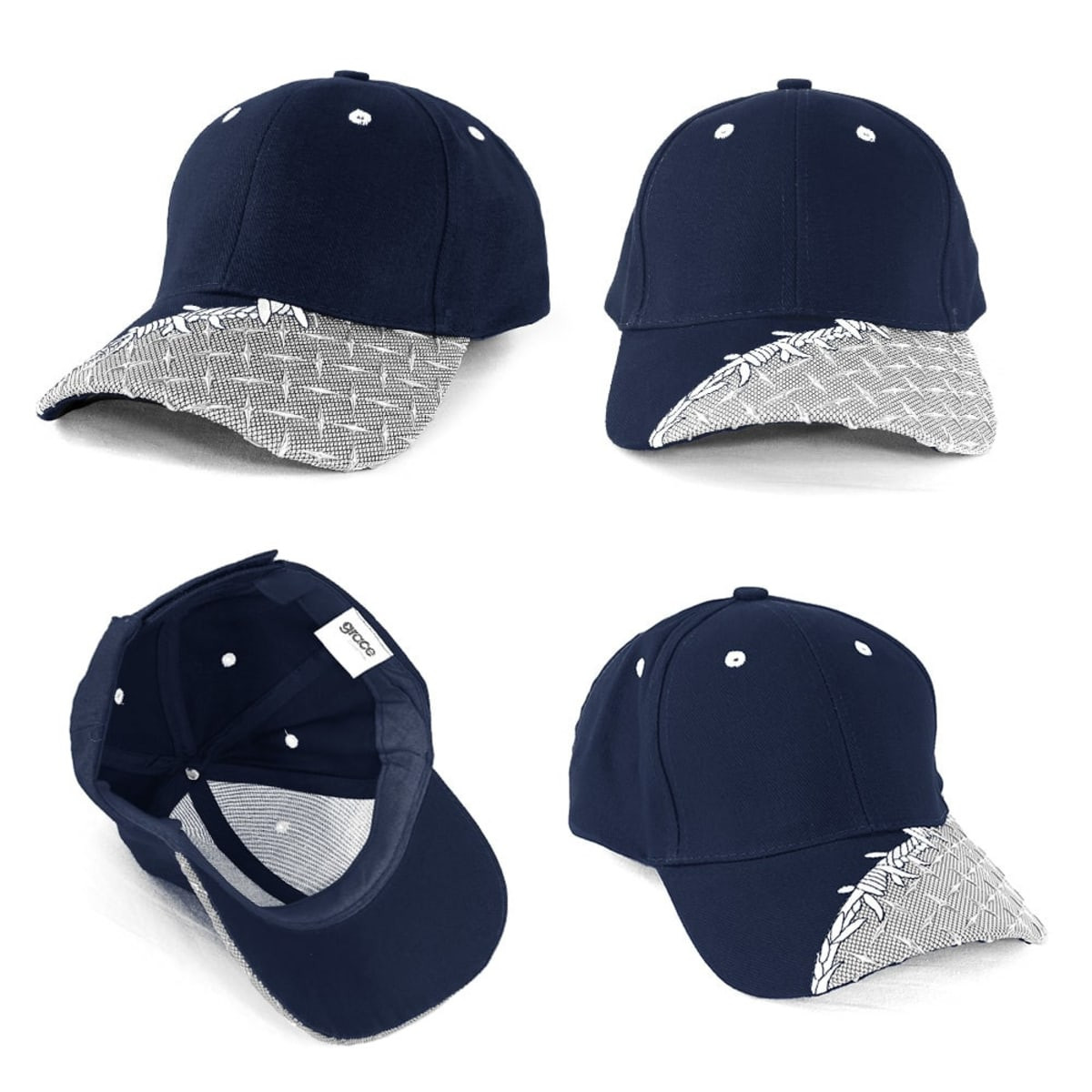 A navy cap featuring a patterned brim and logo, showcased from multiple angles.
