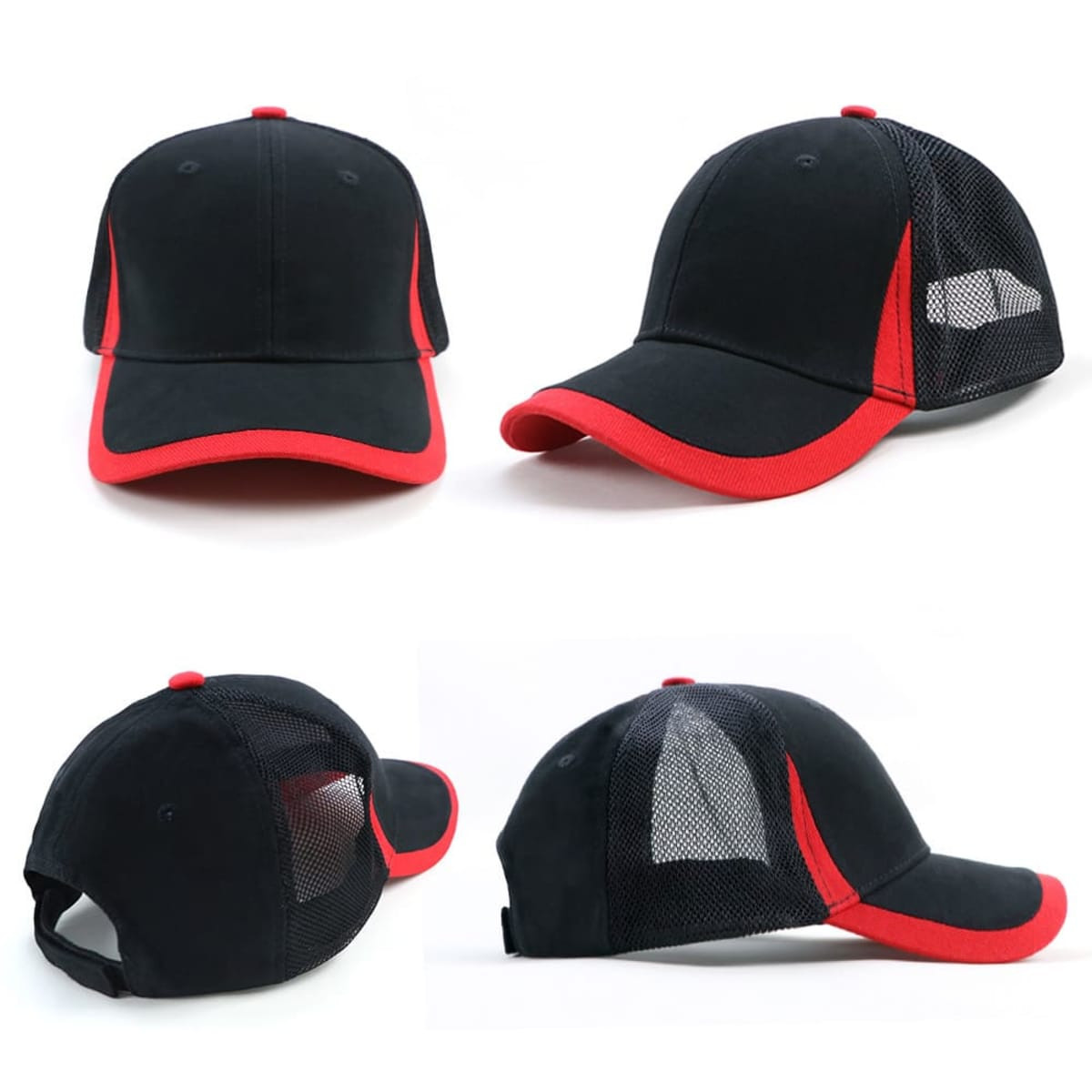 A black cap with red accents and a mesh back, featuring a logo on one side.