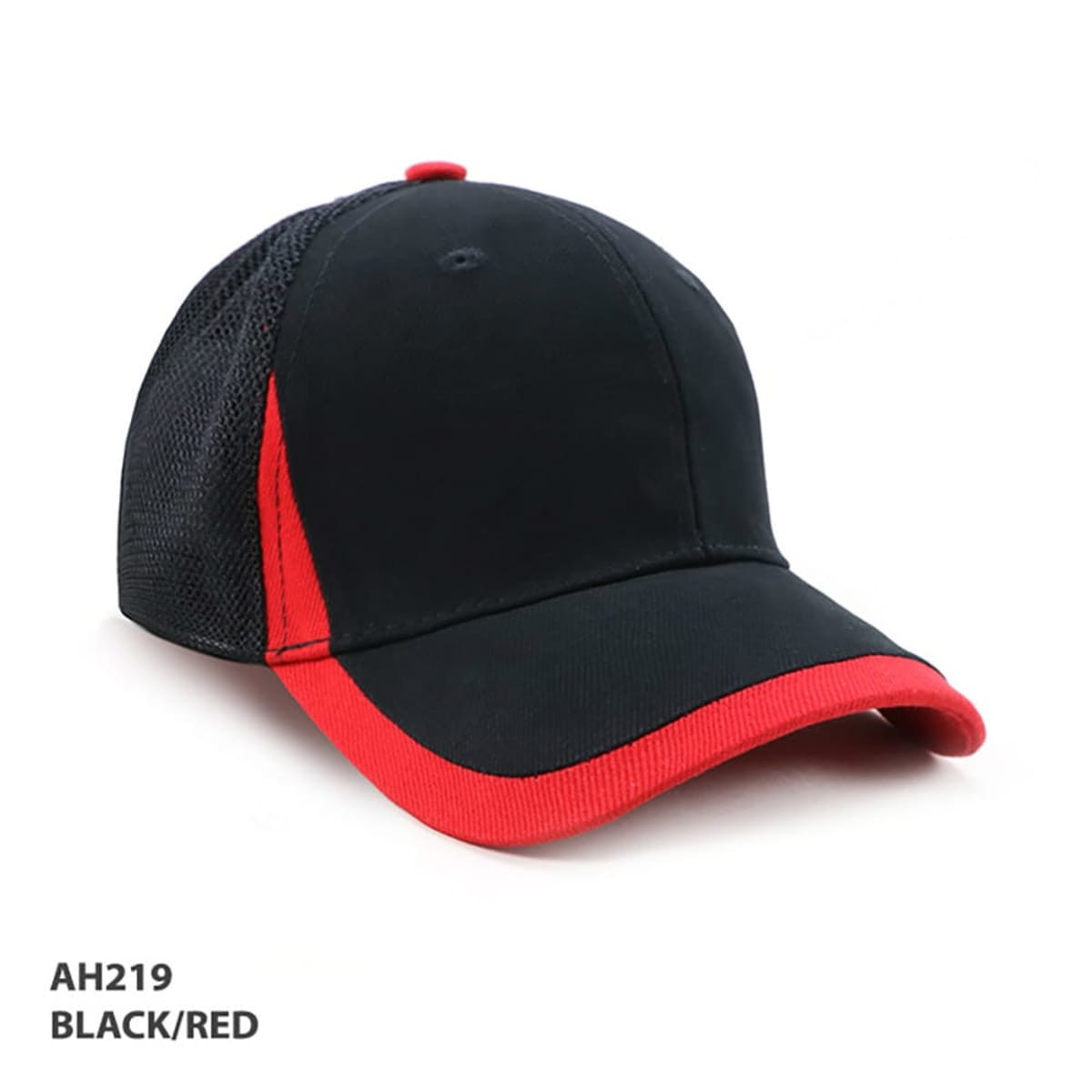 A black and red cap featuring a mesh back and a curved brim. It has a logo on the front.