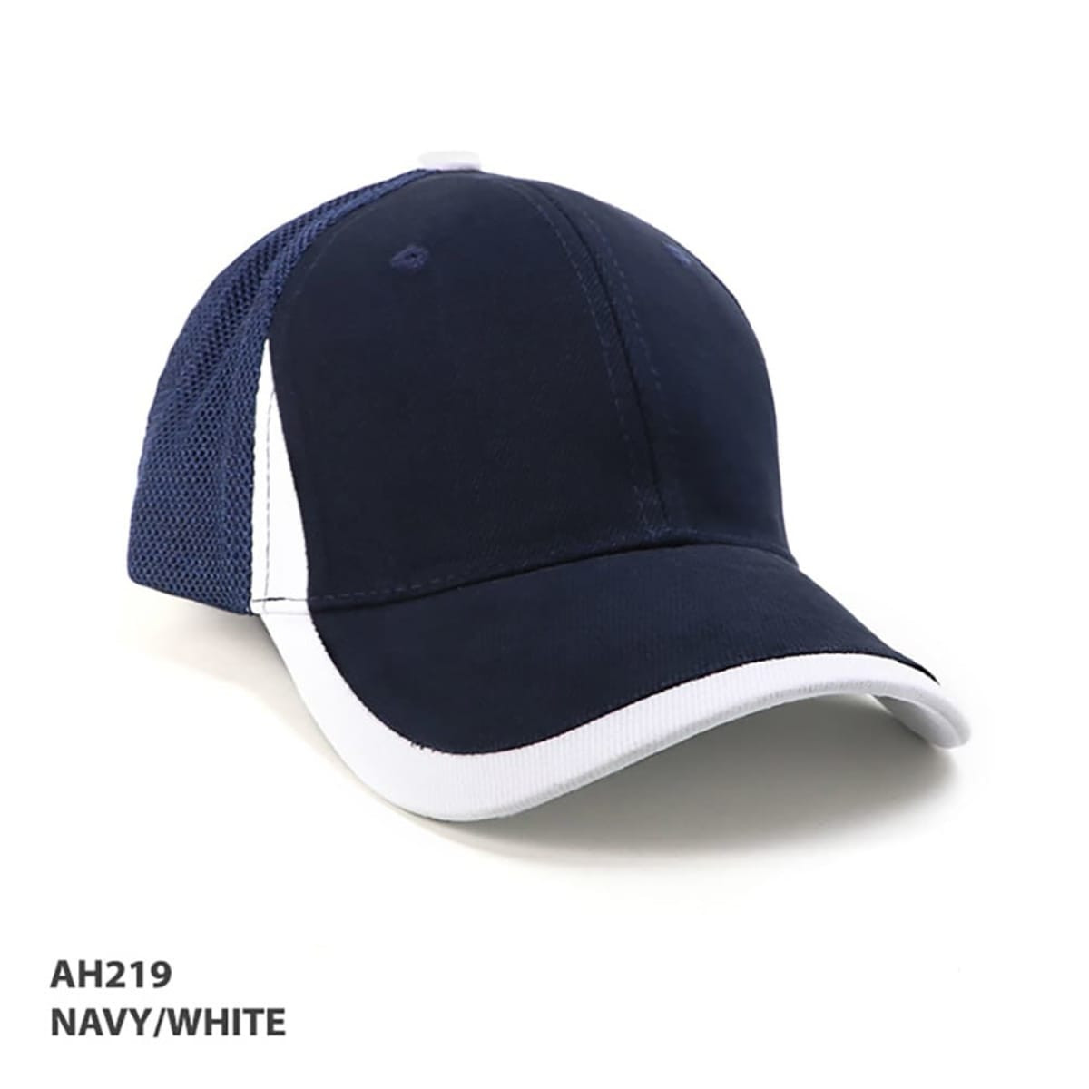 A navy and white cap with a mesh back and a curved peak, featuring a logo on the front.