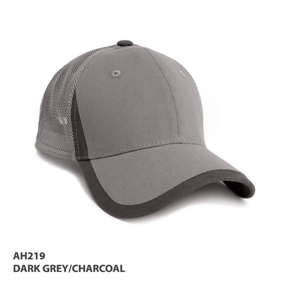 A cap in dark grey and charcoal with mesh panels and a rounded peak. It features a logo on the front.