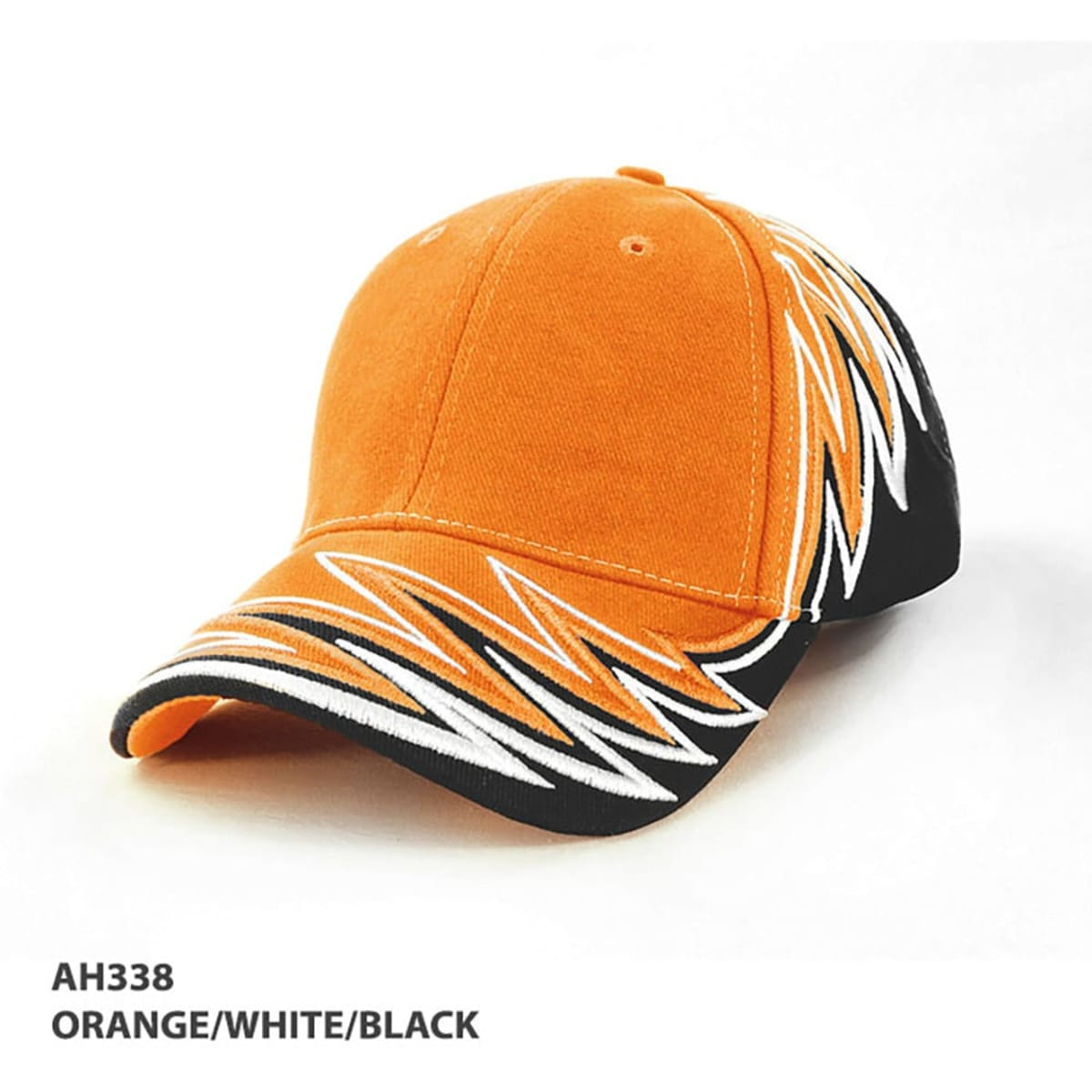 A cap in orange, white, and black featuring a dynamic design, with a logo on the front.